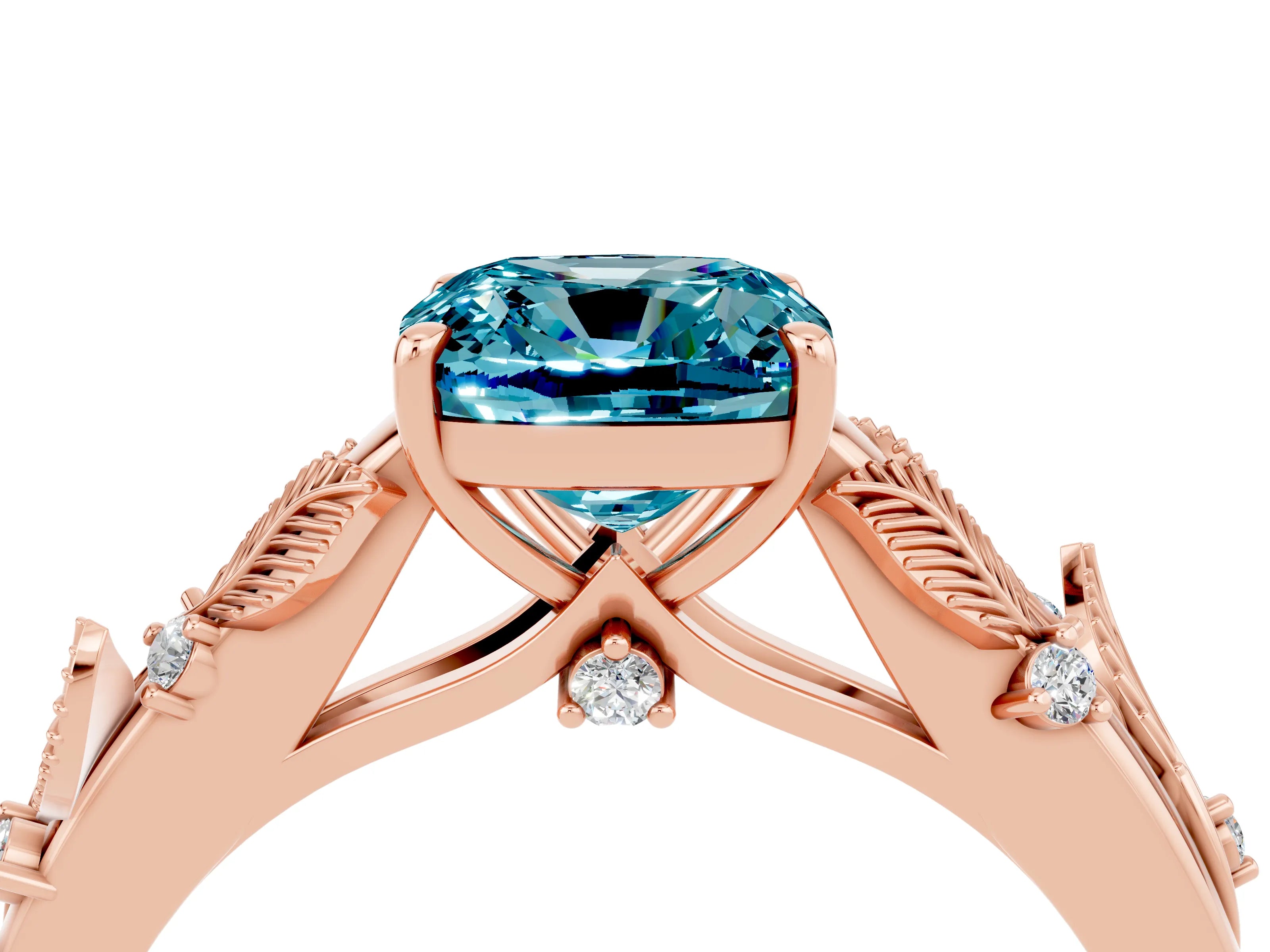 Rose gold Cushion Cut Blue Topaz Solitaire Ring with Leaf Motif Band and Four-Prong Setting_4