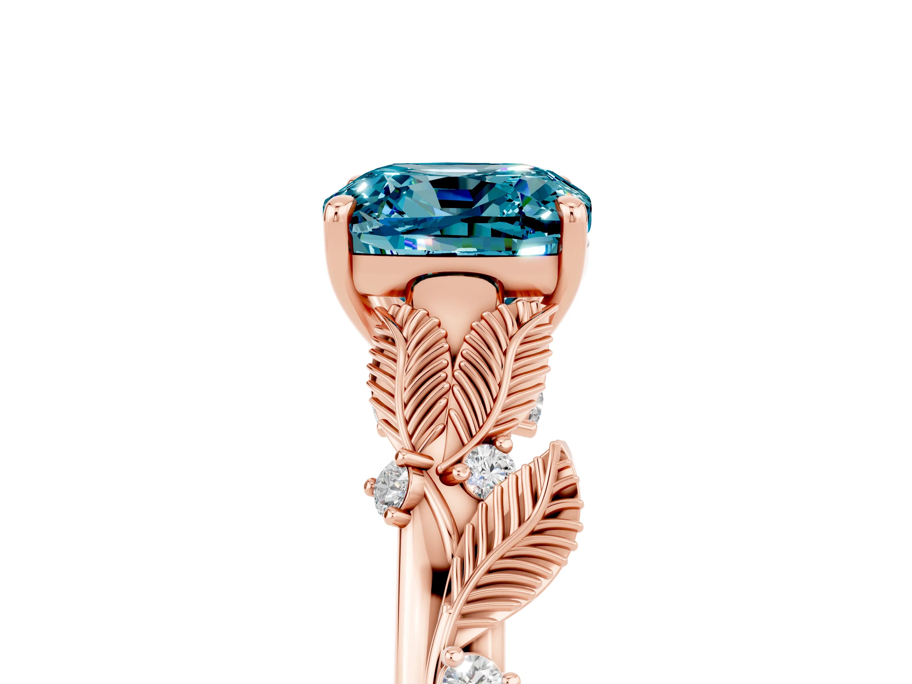 Rose gold Cushion Cut Blue Topaz Solitaire Ring with Leaf Motif Band and Four-Prong Setting_5