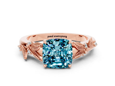 Rose gold Cushion Cut Blue Topaz Solitaire Ring with Leaf Motif Band and Four-Prong Setting