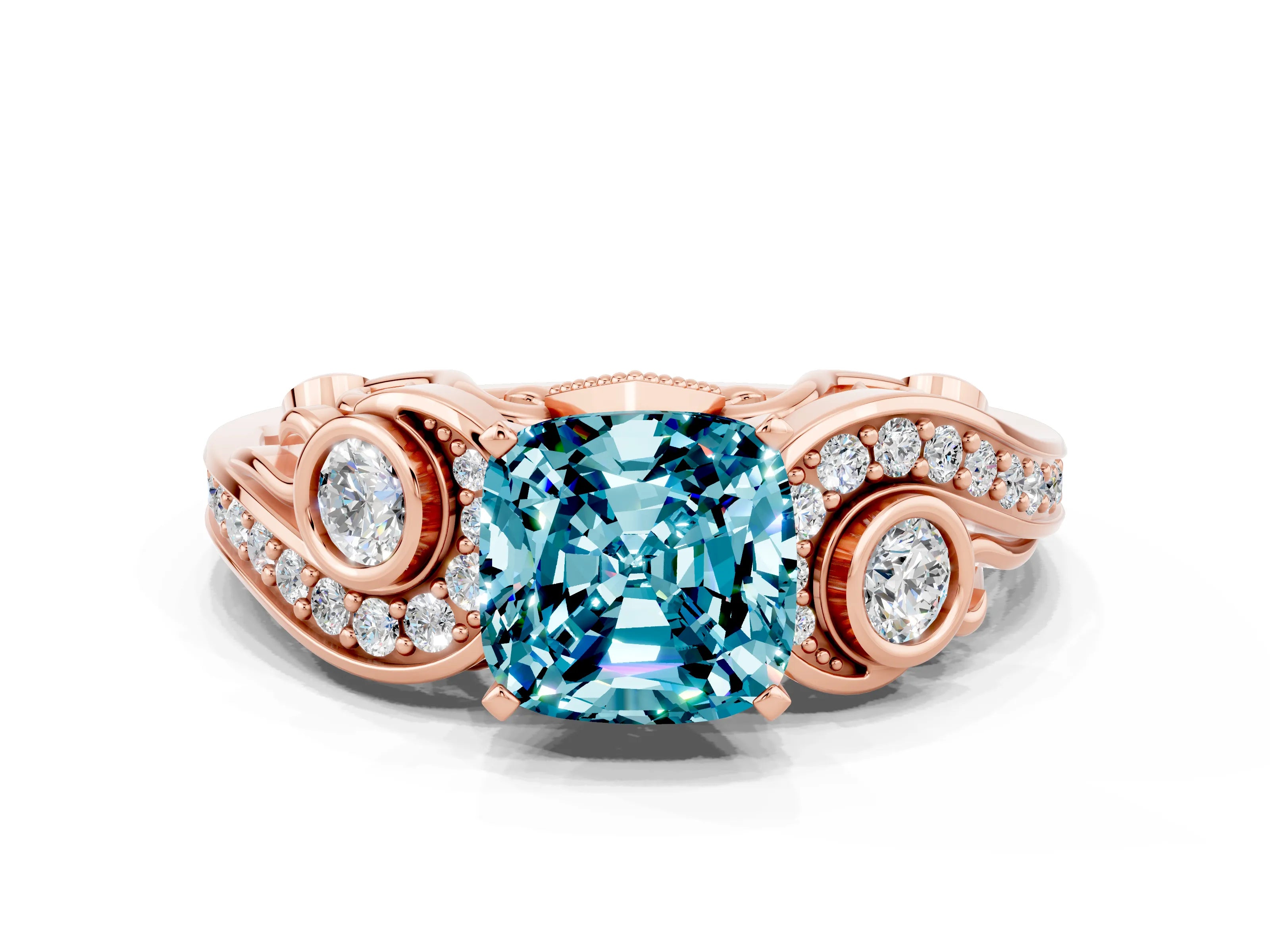 Rose gold Cushion Cut Blue Topaz Solitaire Ring with Milgrain Pavé Band and Four-Prong Setting_24