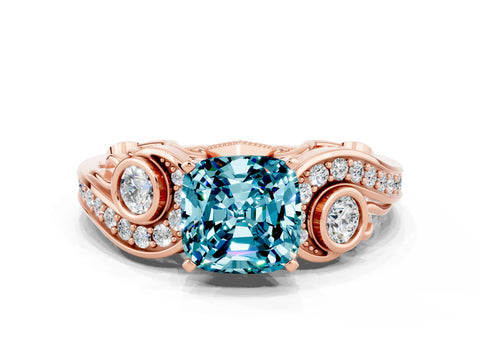 Rose gold Cushion Cut Blue Topaz Solitaire Ring with Milgrain Pavé Band and Four-Prong Setting_24