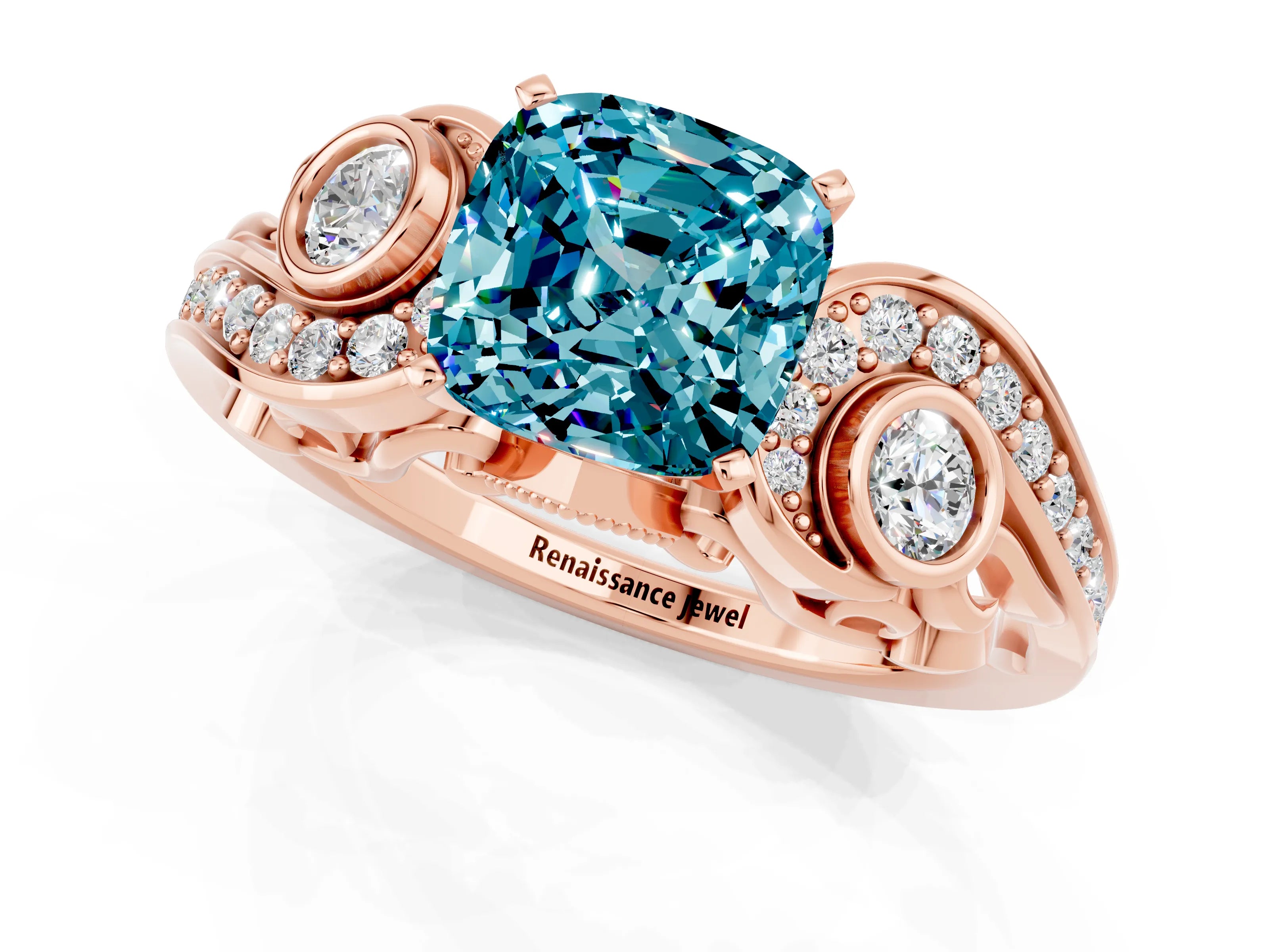Rose gold Cushion Cut Blue Topaz Solitaire Ring with Milgrain Pavé Band and Four-Prong Setting_25