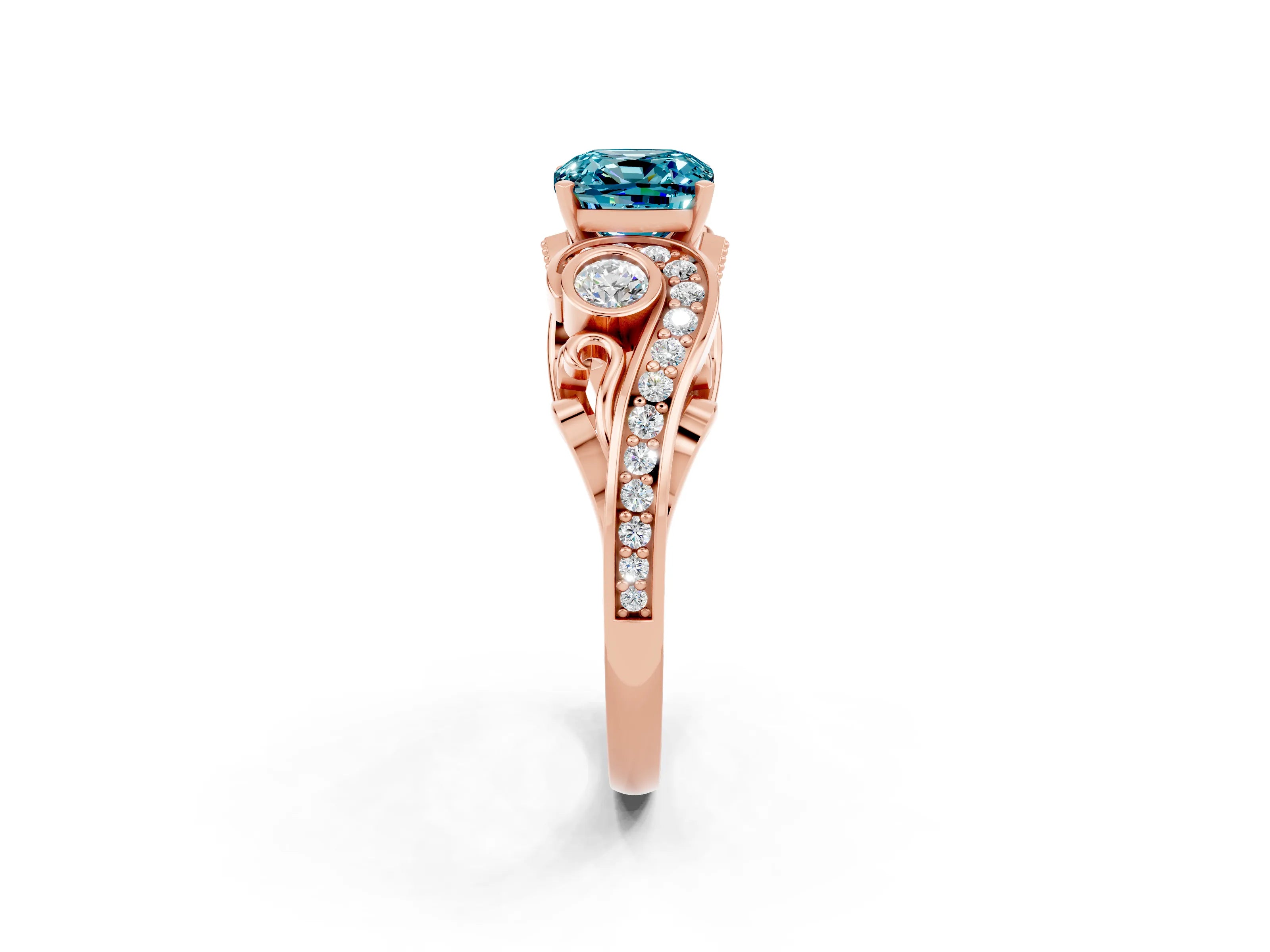 Rose gold Cushion Cut Blue Topaz Solitaire Ring with Milgrain Pavé Band and Four-Prong Setting_26