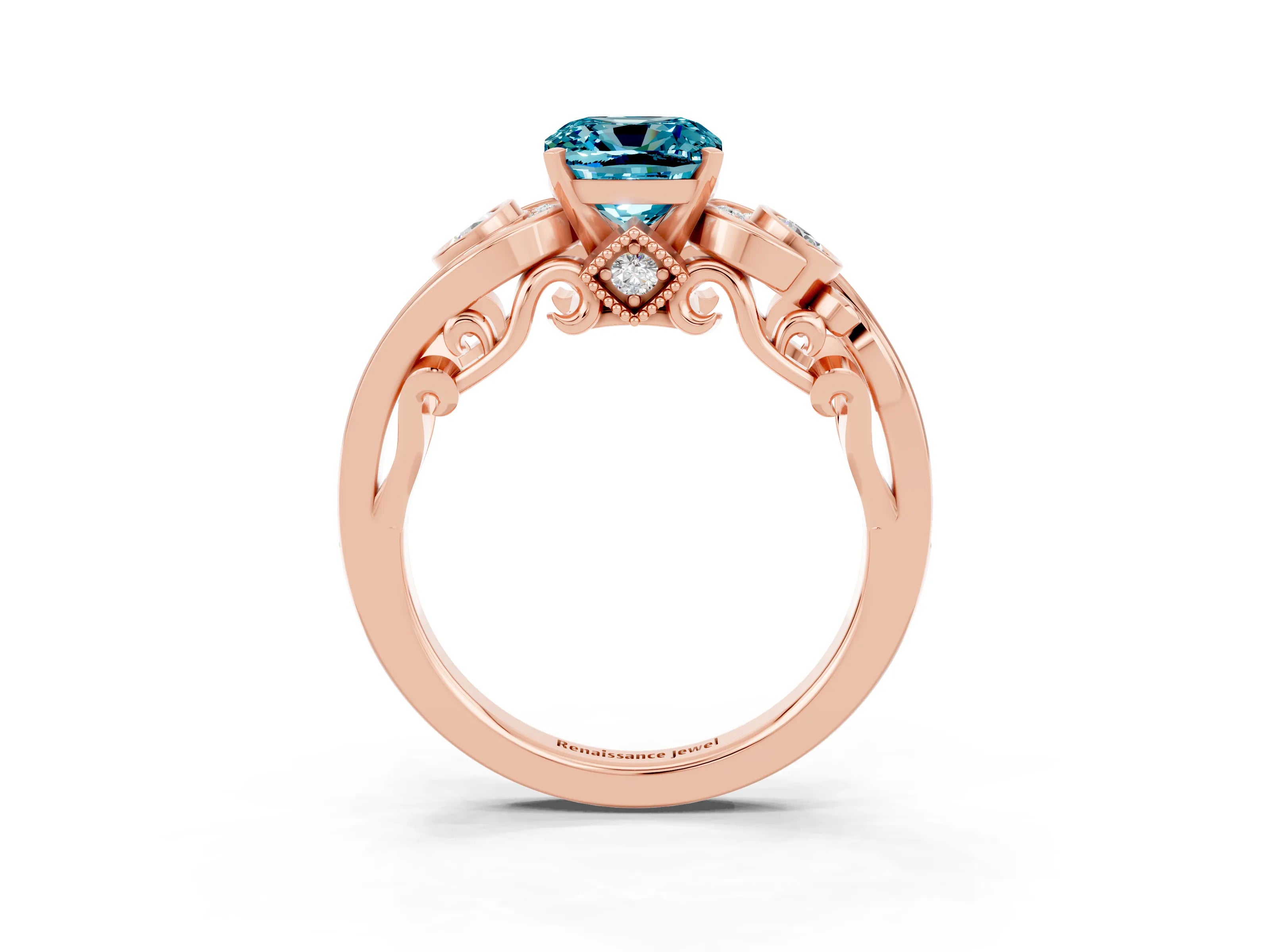 Rose gold Cushion Cut Blue Topaz Solitaire Ring with Milgrain Pavé Band and Four-Prong Setting_27