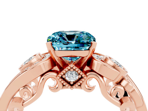 Rose gold Cushion Cut Blue Topaz Solitaire Ring with Milgrain Pavé Band and Four-Prong Setting_28