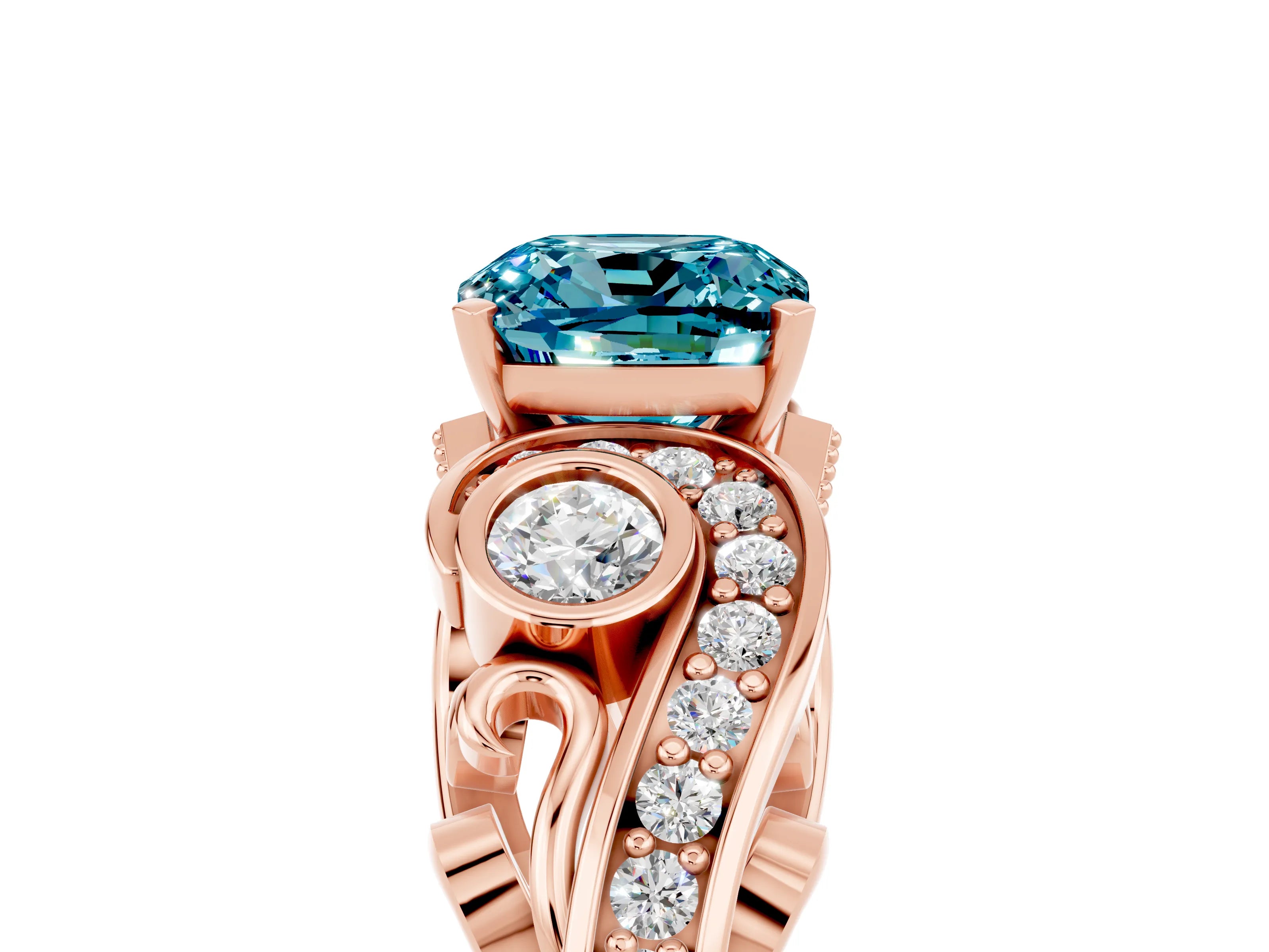 Rose gold Cushion Cut Blue Topaz Solitaire Ring with Milgrain Pavé Band and Four-Prong Setting_29