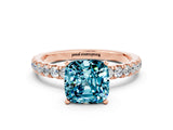 Rose gold Cushion Cut Blue Topaz Solitaire Ring with Pavé Accents and Four-Prong Setting