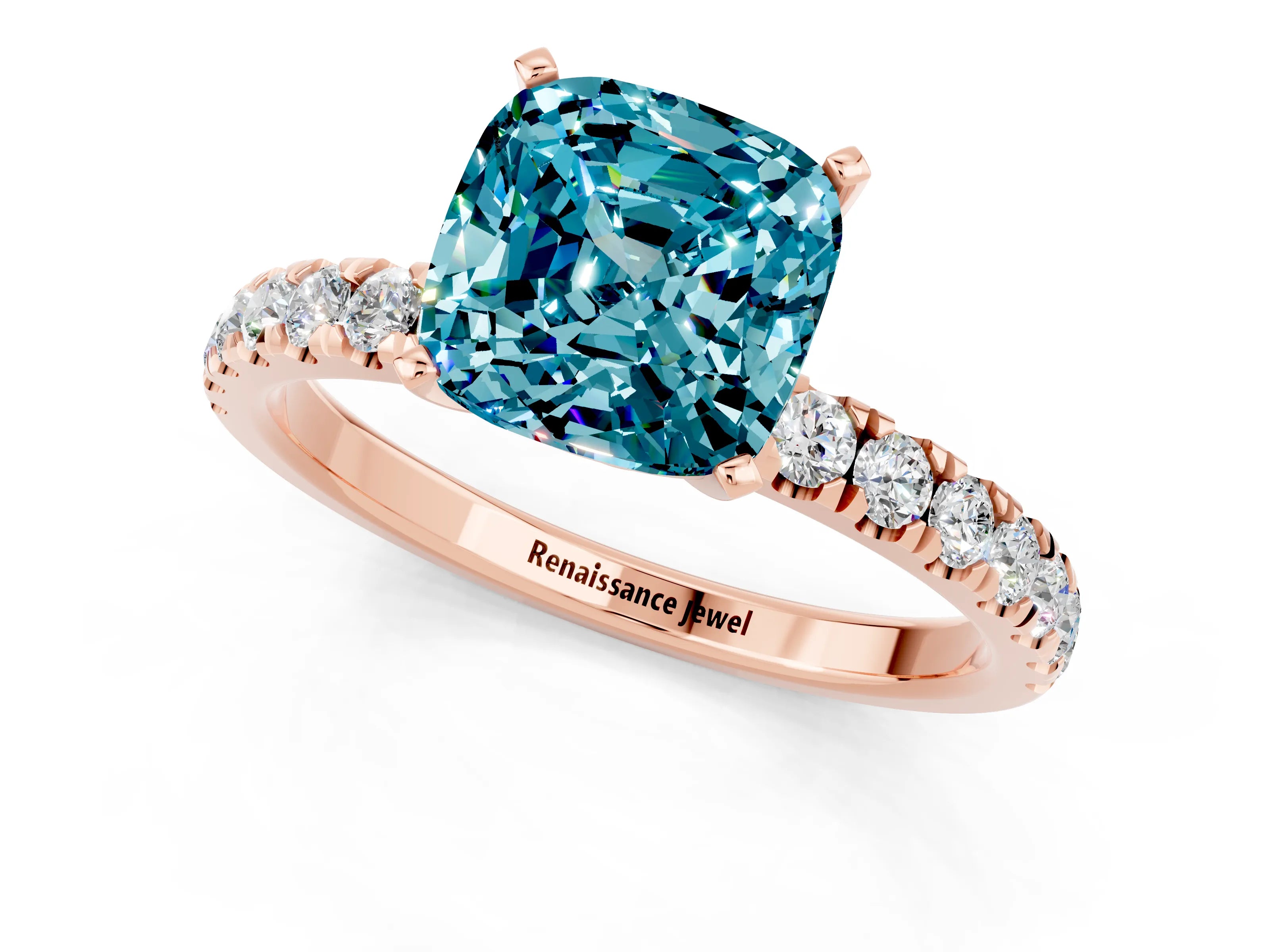 Rose gold Cushion Cut Blue Topaz Solitaire Ring with Pavé Accents and Four-Prong Setting_1