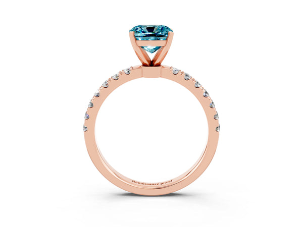 Rose gold Cushion Cut Blue Topaz Solitaire Ring with Pavé Accents and Four-Prong Setting