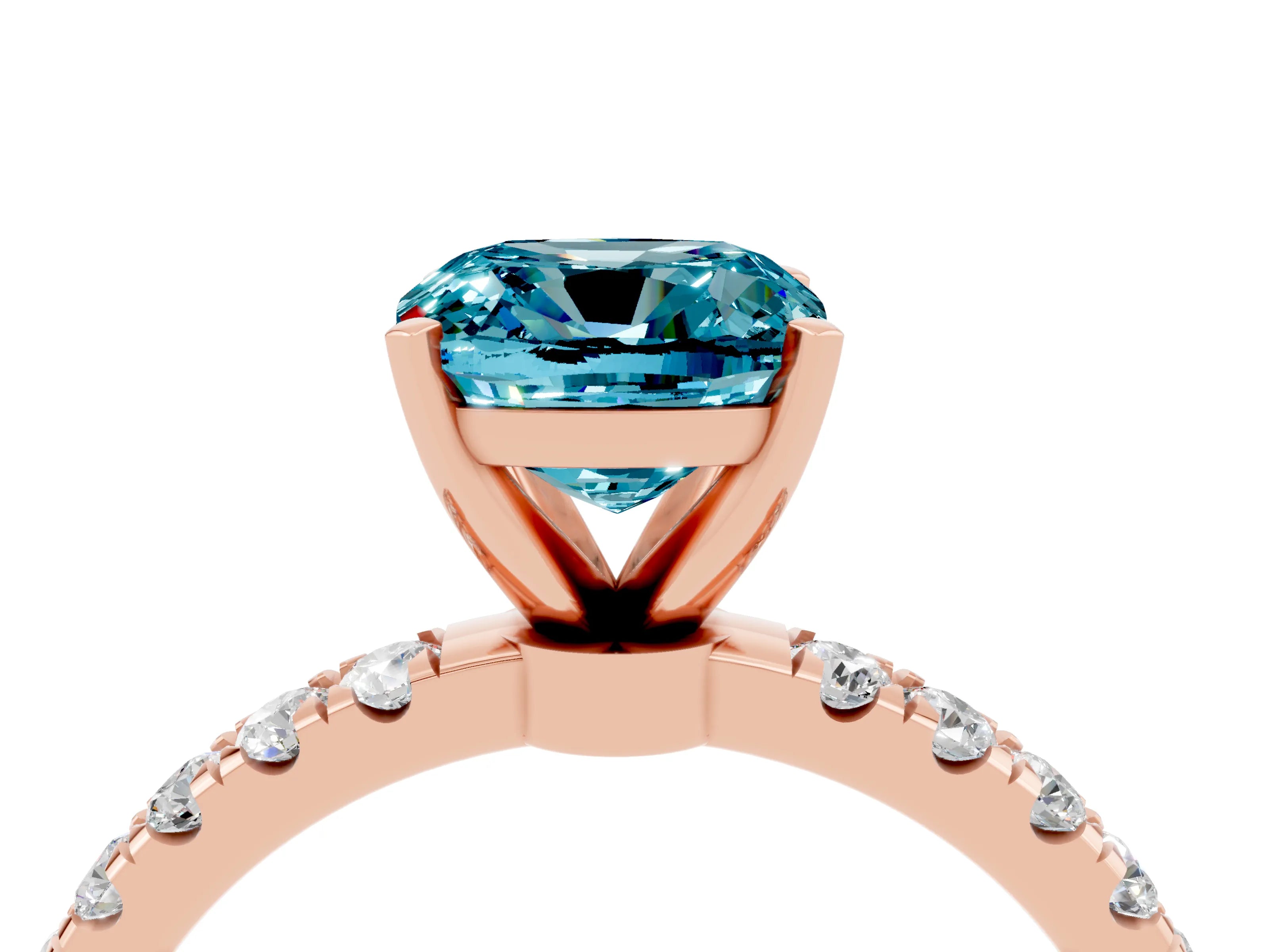 Rose gold Cushion Cut Blue Topaz Solitaire Ring with Pavé Accents and Four-Prong Setting_4