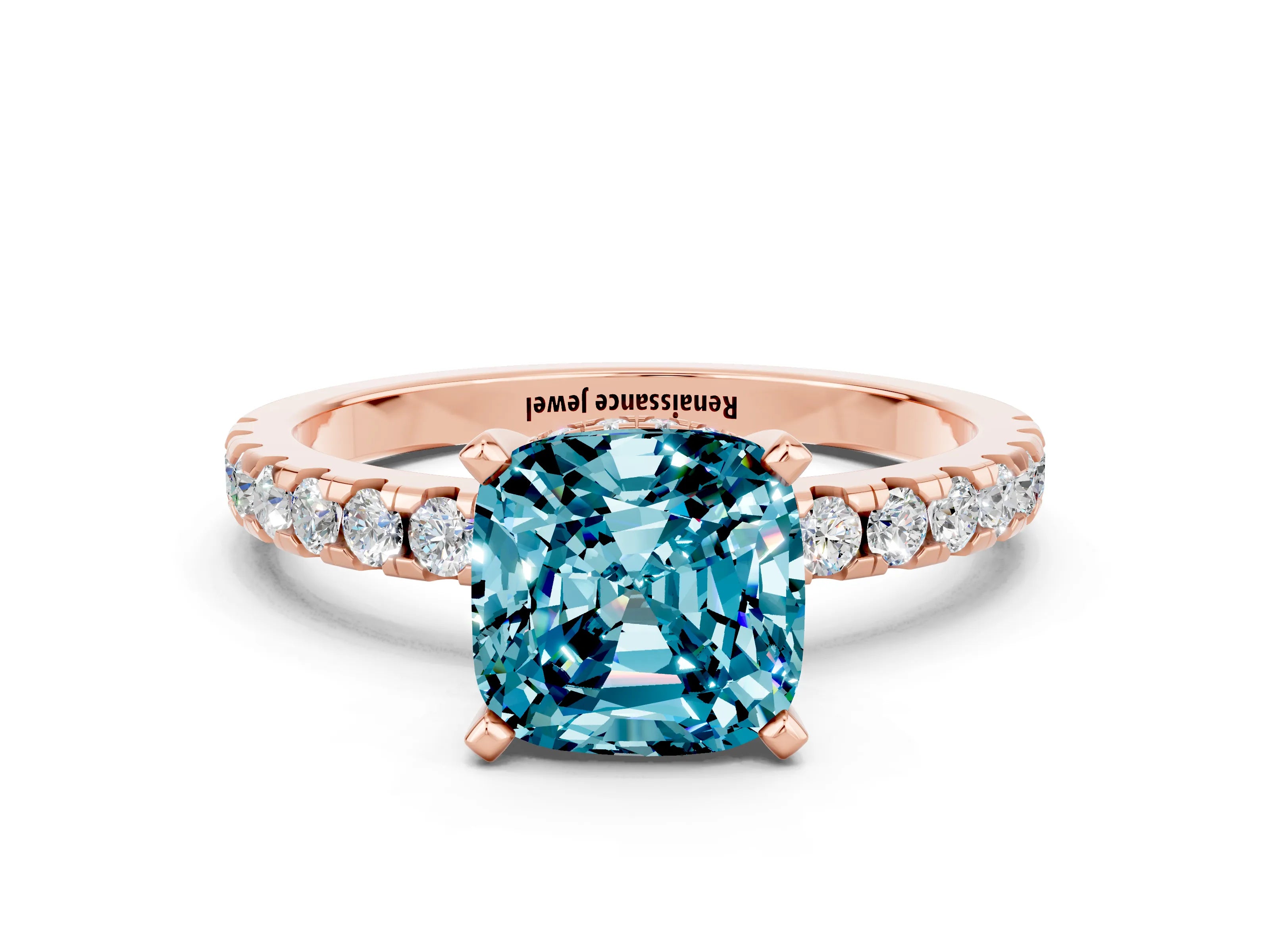Rose gold Cushion Cut Blue Topaz Solitaire Ring with Pavé Band and Four-Prong Setting_36