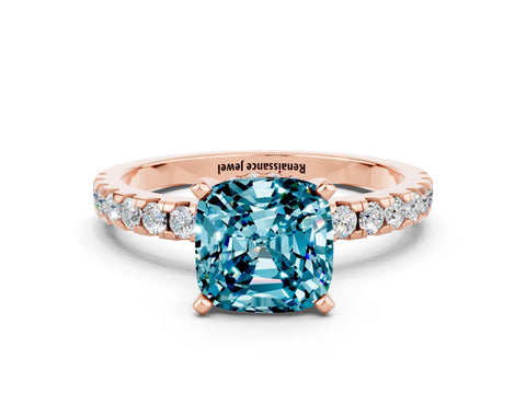 Rose gold Cushion Cut Blue Topaz Solitaire Ring with Pavé Band and Four-Prong Setting_36