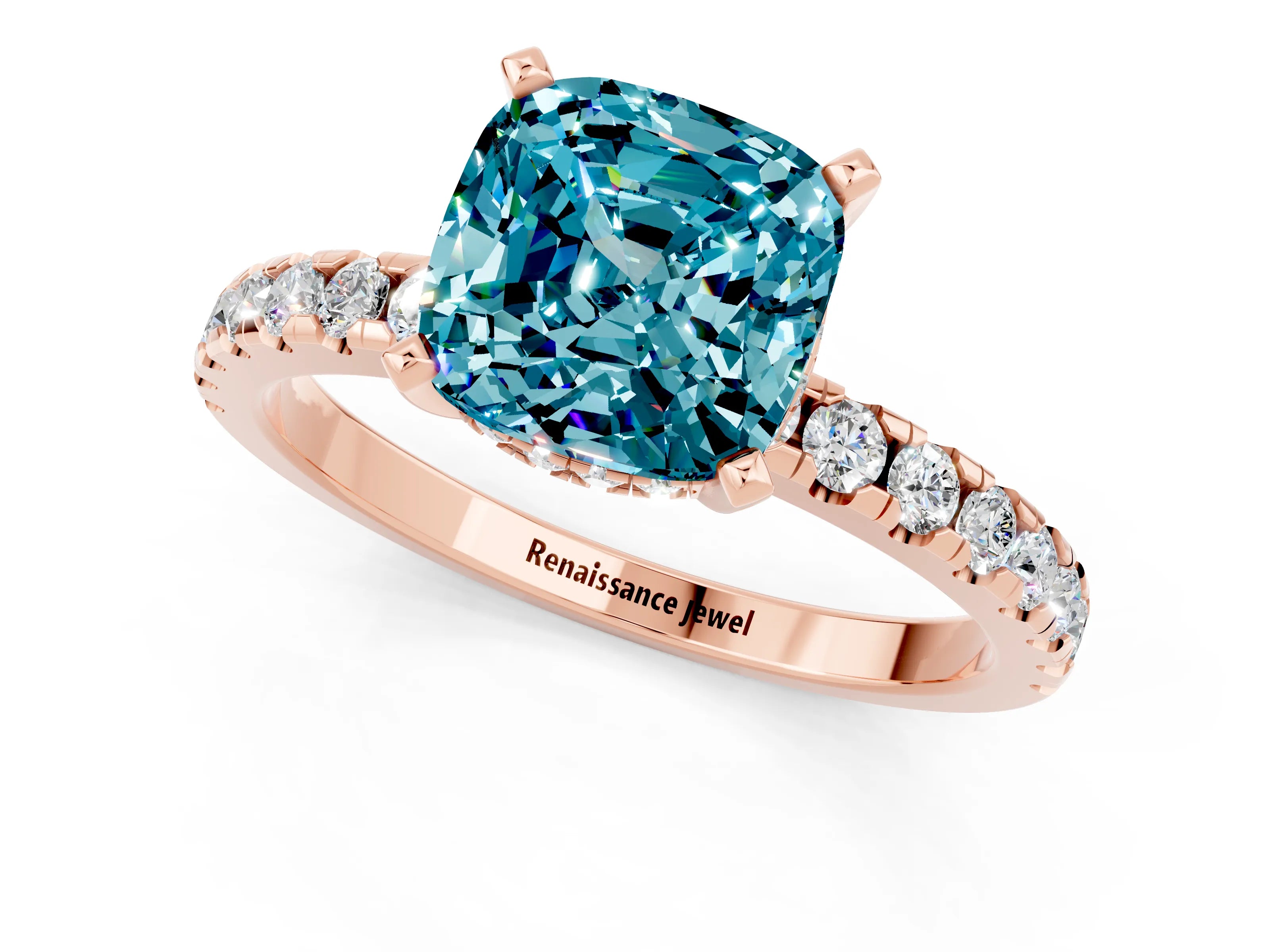 Rose gold Cushion Cut Blue Topaz Solitaire Ring with Pavé Band and Four-Prong Setting_37
