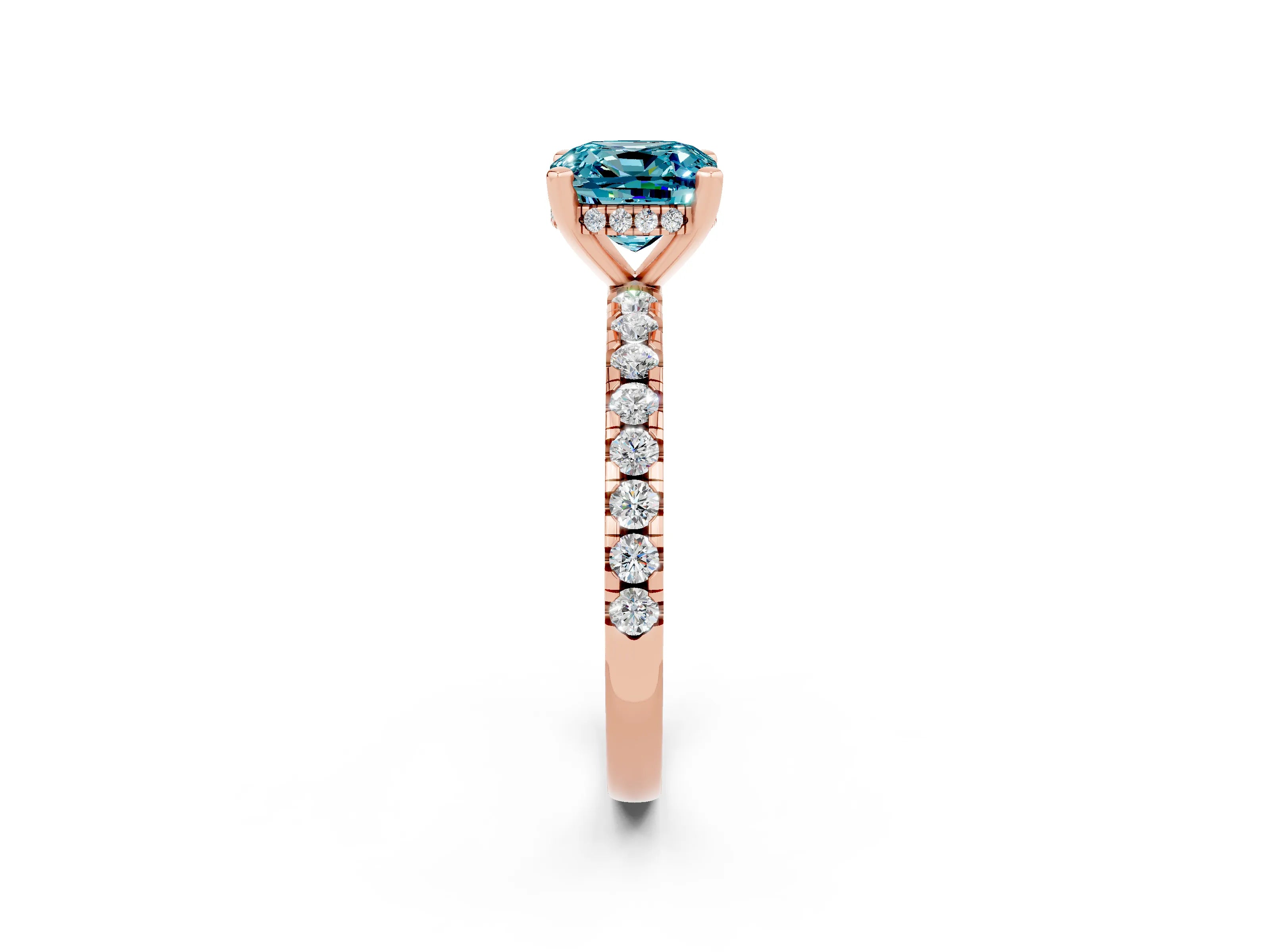 Rose gold Cushion Cut Blue Topaz Solitaire Ring with Pavé Band and Four-Prong Setting_38