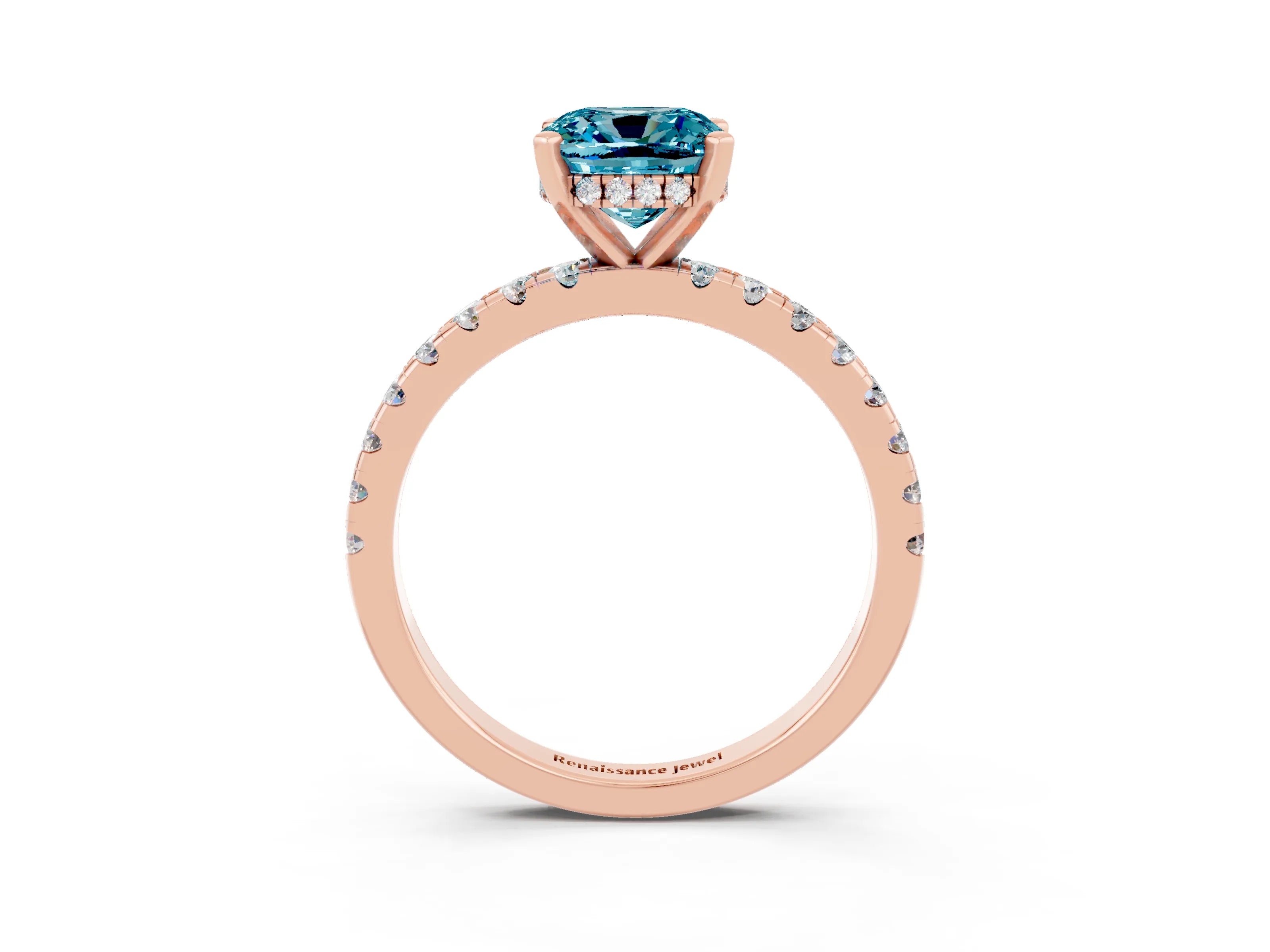 Rose gold Cushion Cut Blue Topaz Solitaire Ring with Pavé Band and Four-Prong Setting_39