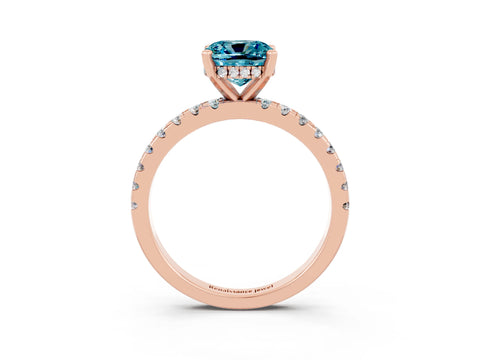 Rose gold Cushion Cut Blue Topaz Solitaire Ring with Pavé Band and Four-Prong Setting_39