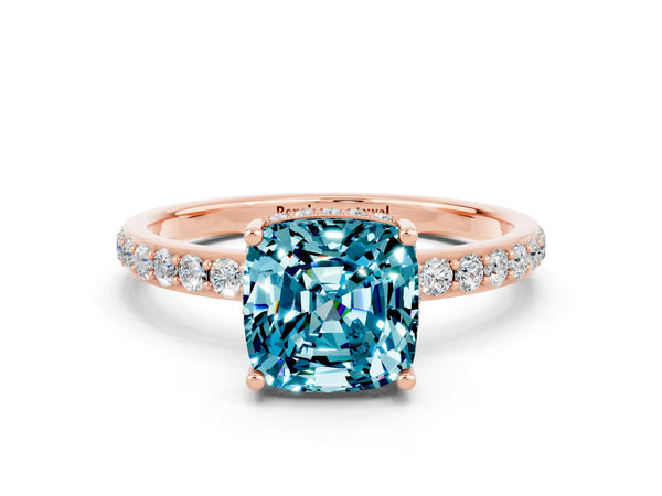 Rose gold Cushion Cut Blue Topaz Solitaire Ring with Pavé Band and Hidden Halo