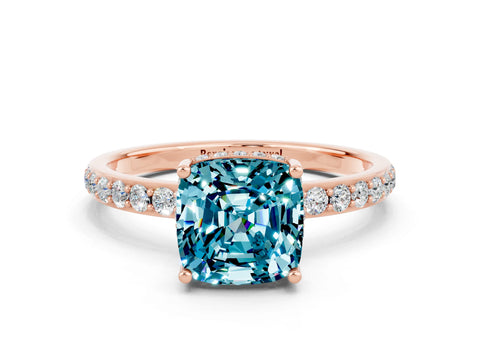 Rose gold Cushion Cut Blue Topaz Solitaire Ring with Pavé Band and Hidden Halo_12