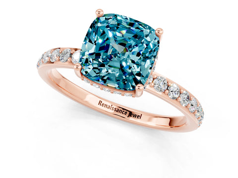 Rose gold Cushion Cut Blue Topaz Solitaire Ring with Pavé Band and Hidden Halo_13