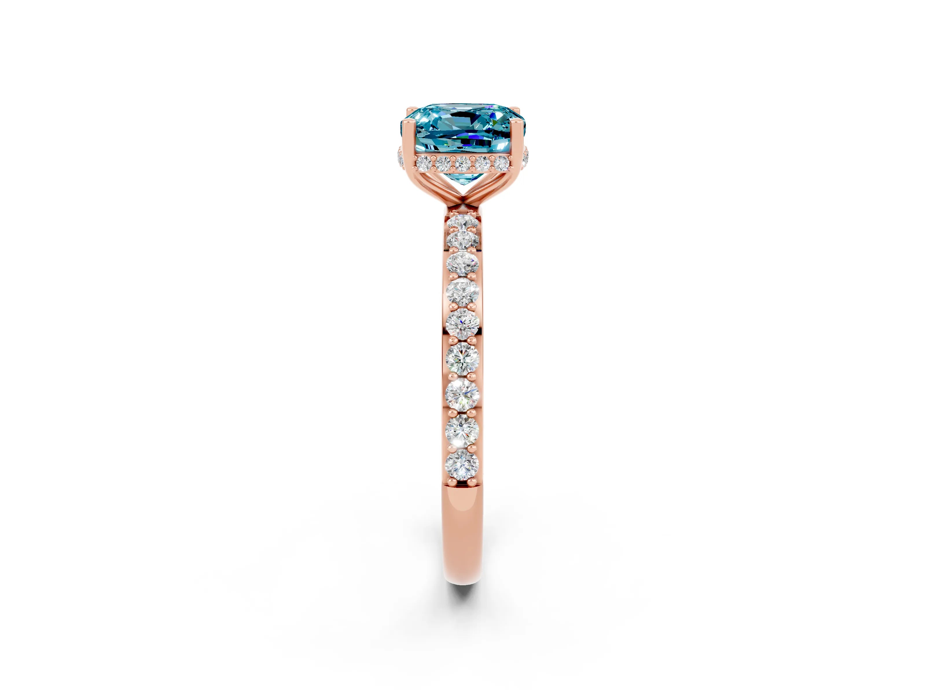 Rose gold Cushion Cut Blue Topaz Solitaire Ring with Pavé Band and Hidden Halo_14