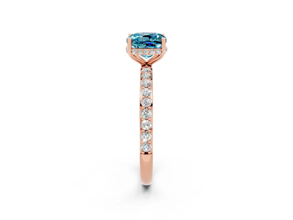 Rose gold Cushion Cut Blue Topaz Solitaire Ring with Pavé Band and Hidden Halo