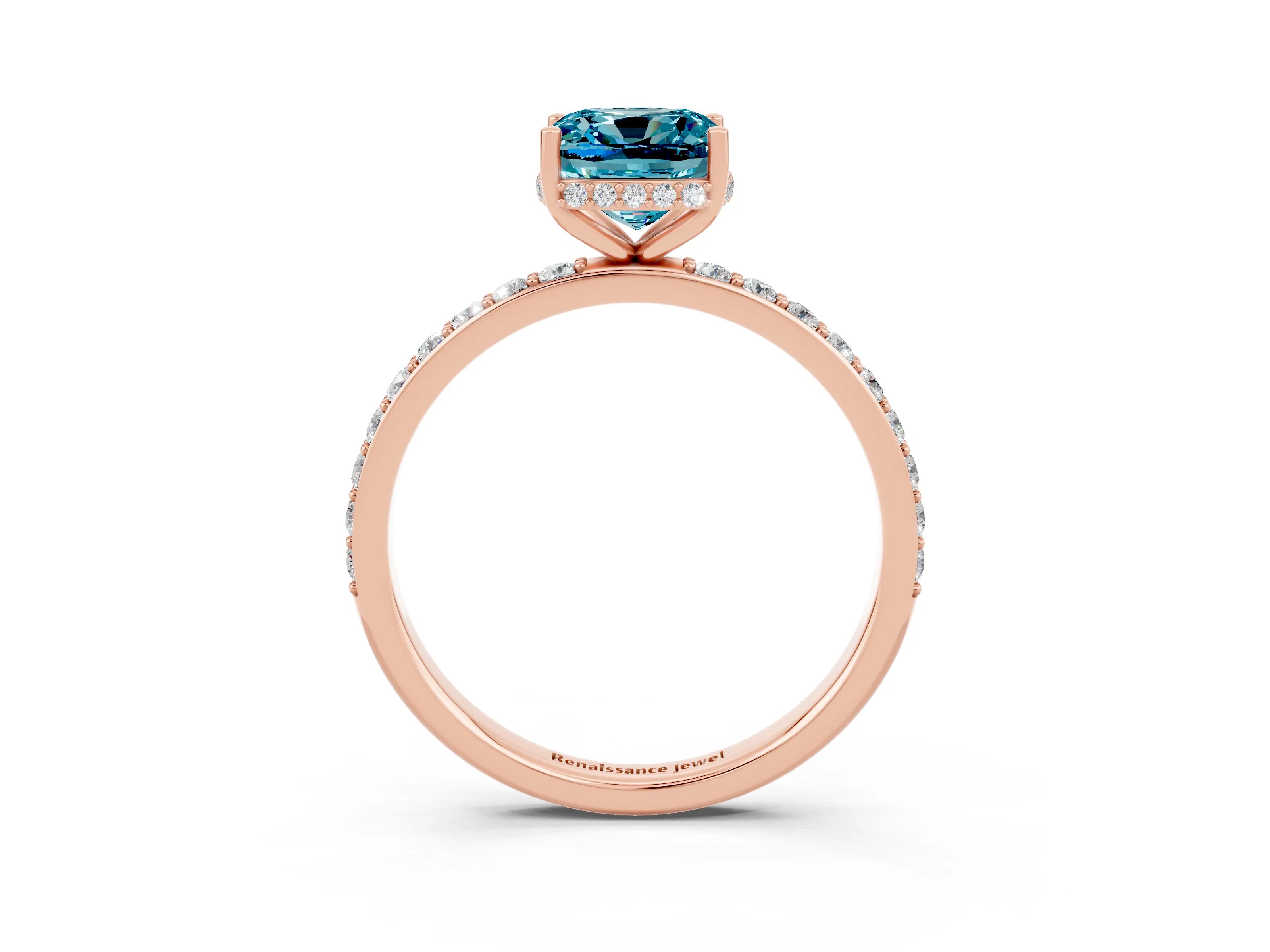 Rose gold Cushion Cut Blue Topaz Solitaire Ring with Pavé Band and Hidden Halo_15