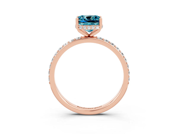 Rose gold Cushion Cut Blue Topaz Solitaire Ring with Pavé Band and Hidden Halo
