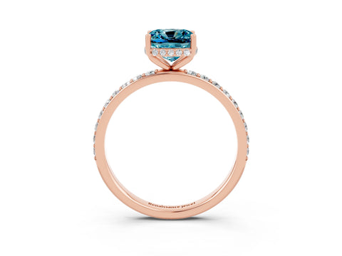 Rose gold Cushion Cut Blue Topaz Solitaire Ring with Pavé Band and Hidden Halo_15