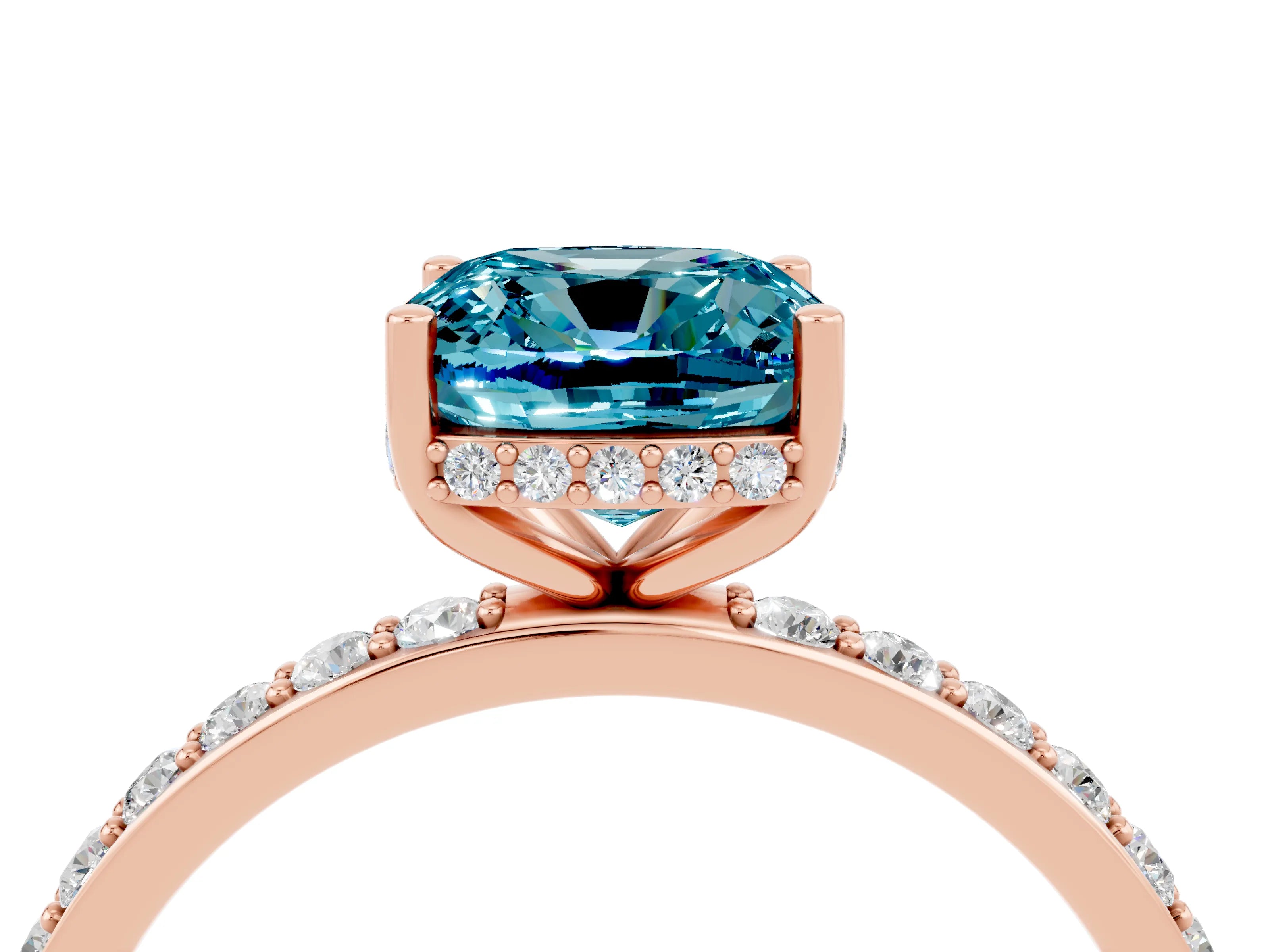 Rose gold Cushion Cut Blue Topaz Solitaire Ring with Pavé Band and Hidden Halo_16