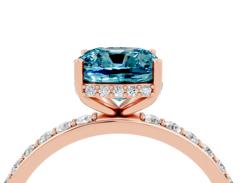 Rose gold Cushion Cut Blue Topaz Solitaire Ring with Pavé Band and Hidden Halo_16