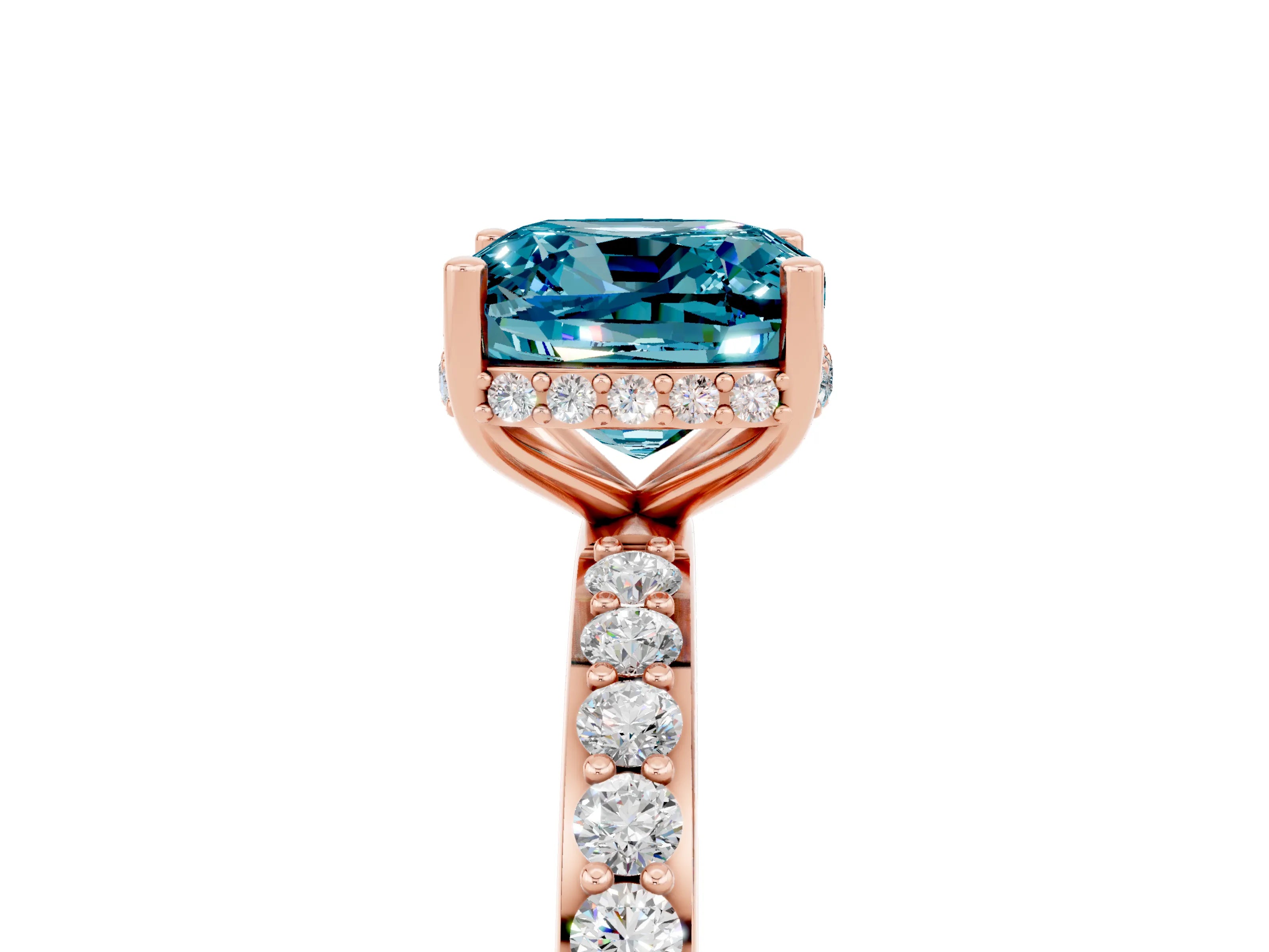 Rose gold Cushion Cut Blue Topaz Solitaire Ring with Pavé Band and Hidden Halo_17