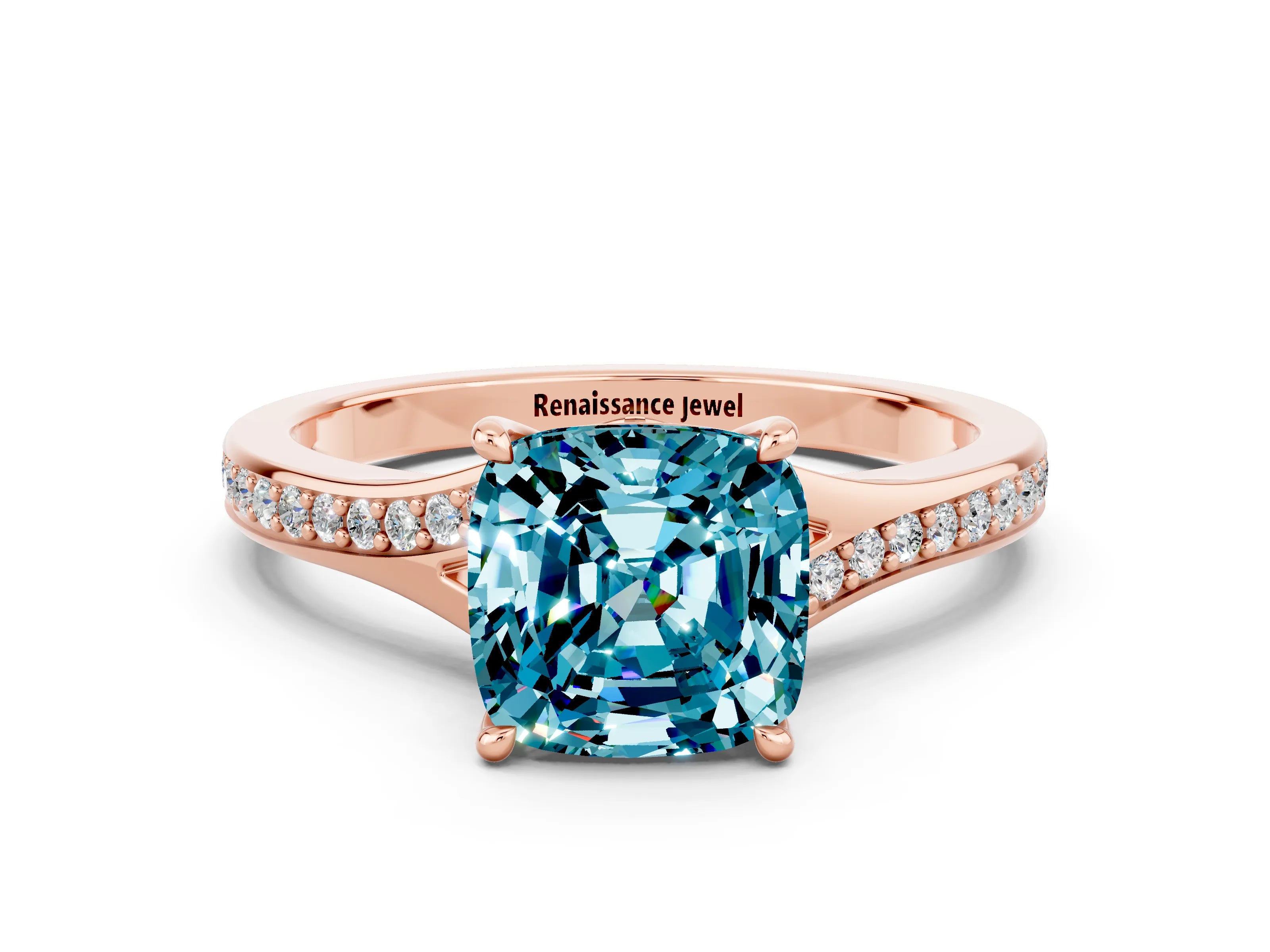 Rose gold Cushion Cut Blue Topaz Solitaire Ring with Pavé Band and Prong Setting_12