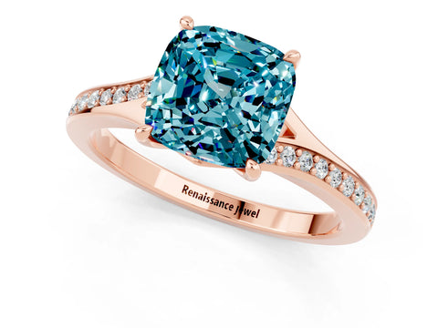 Rose gold Cushion Cut Blue Topaz Solitaire Ring with Pavé Band and Prong Setting_13
