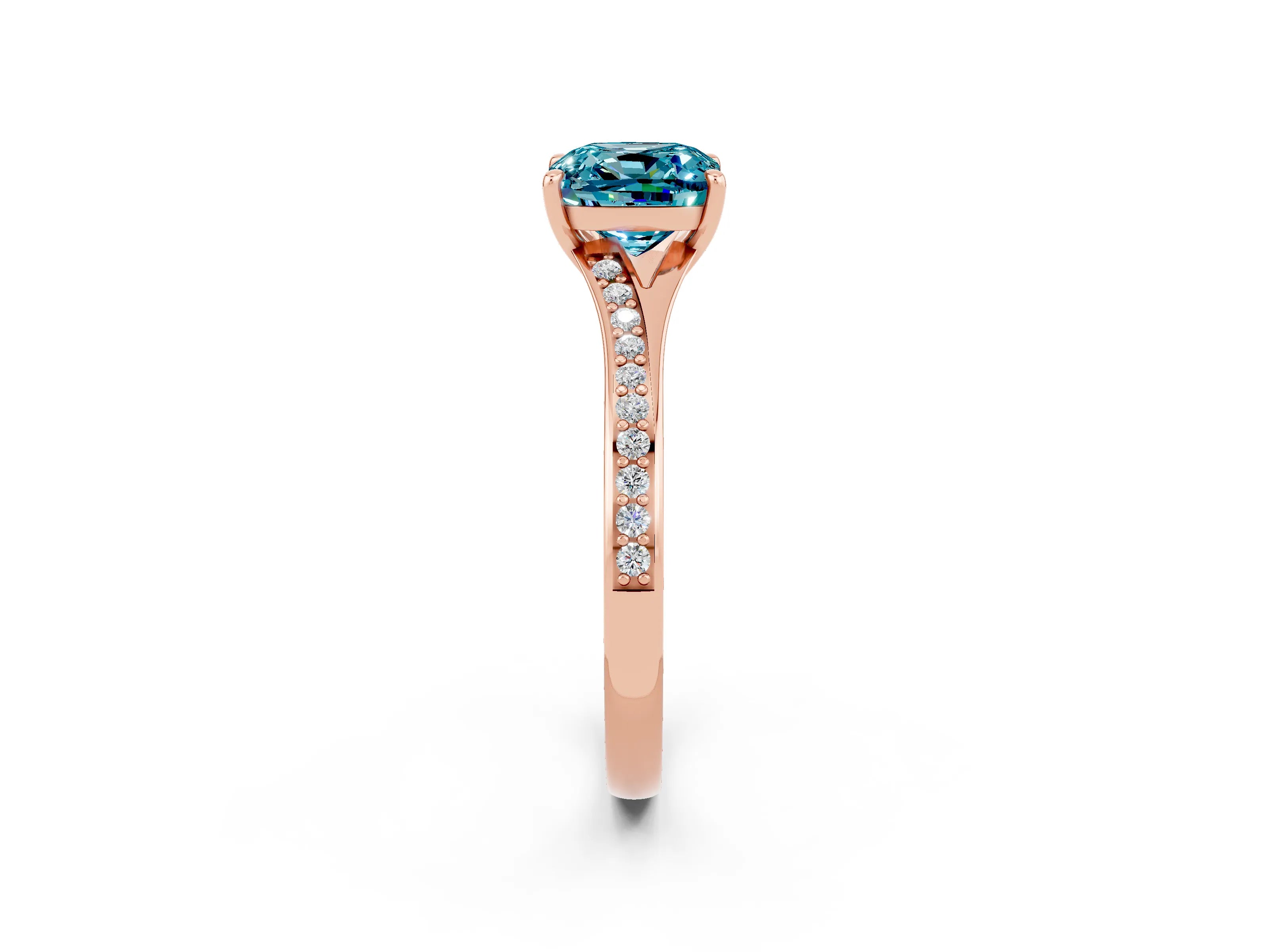 Rose gold Cushion Cut Blue Topaz Solitaire Ring with Pavé Band and Prong Setting_14