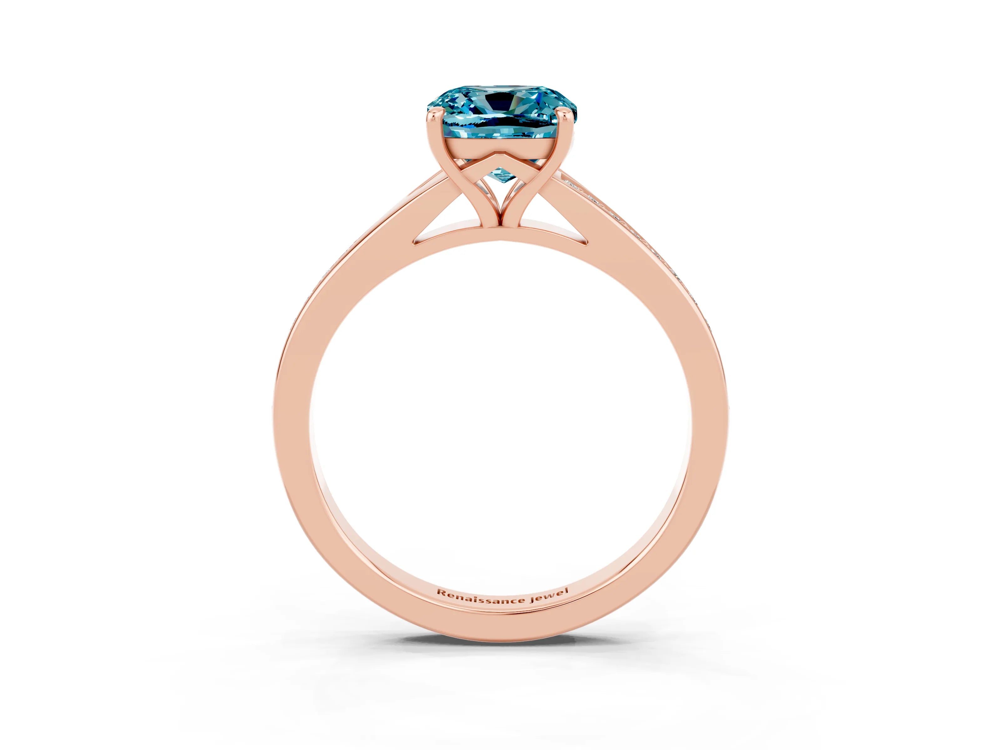 Rose gold Cushion Cut Blue Topaz Solitaire Ring with Pavé Band and Prong Setting_15