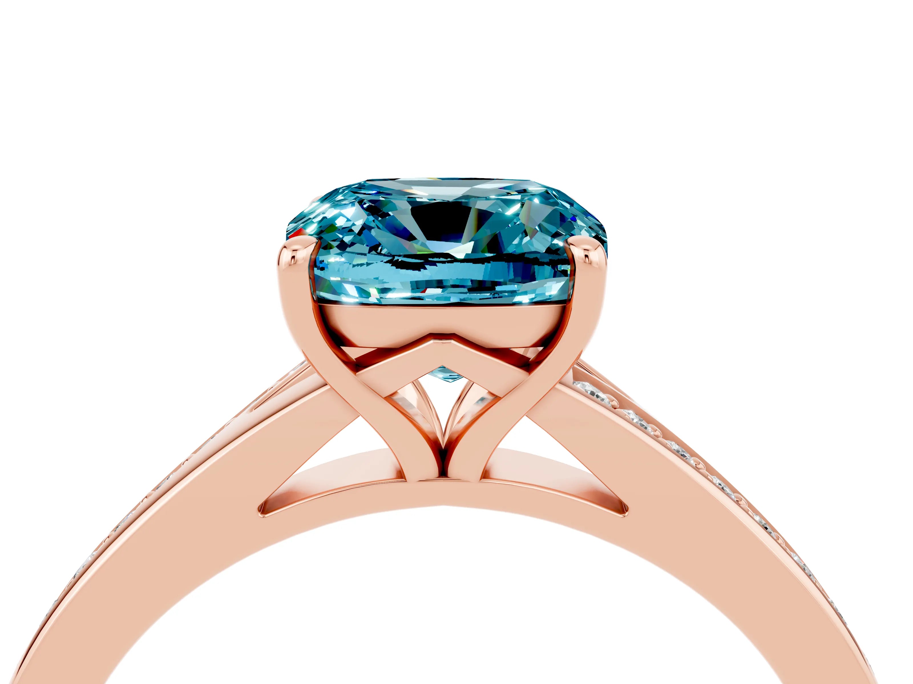 Rose gold Cushion Cut Blue Topaz Solitaire Ring with Pavé Band and Prong Setting_16