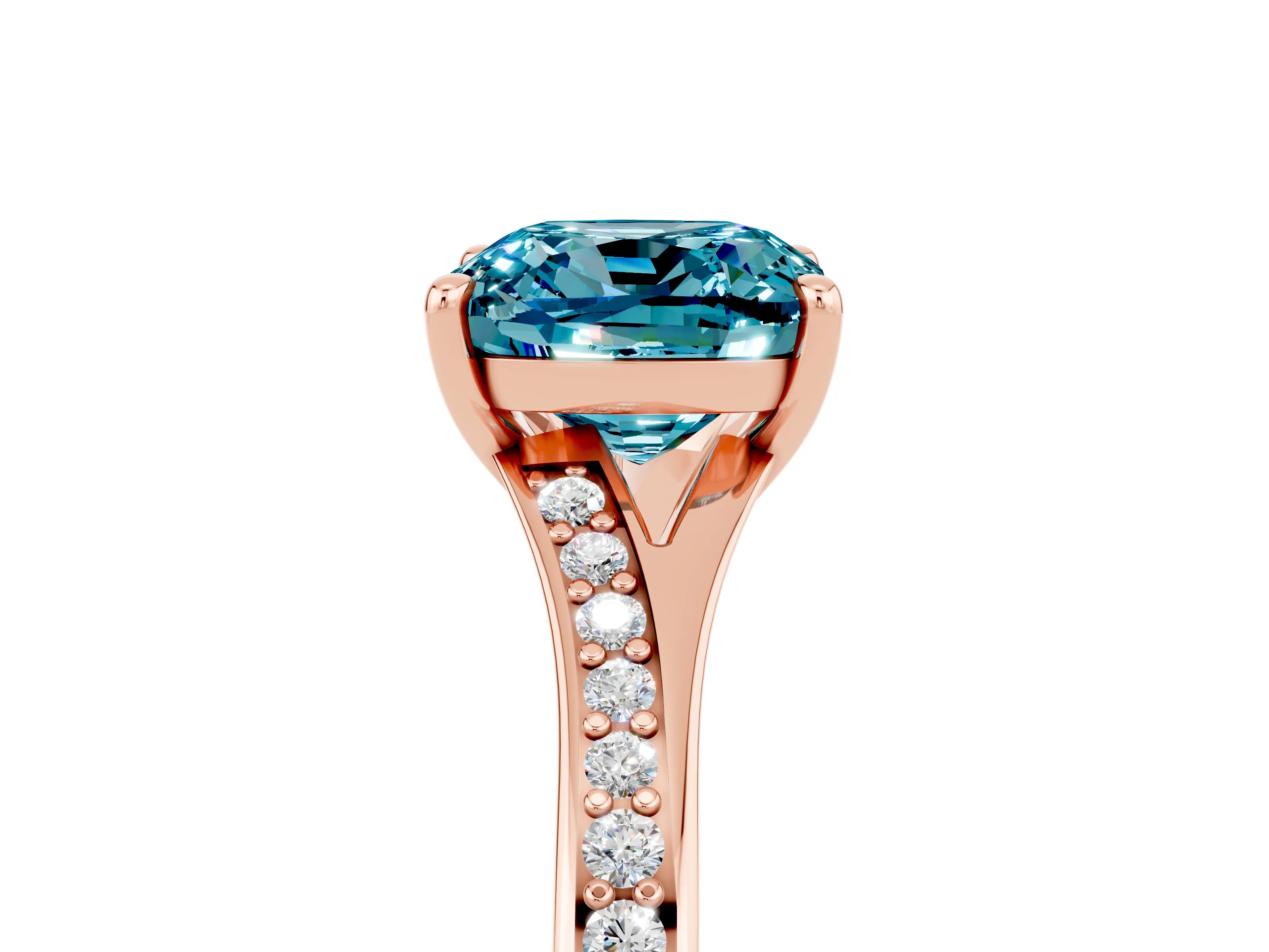Rose gold Cushion Cut Blue Topaz Solitaire Ring with Pavé Band and Prong Setting_17