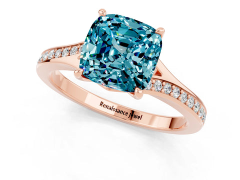 Rose gold Cushion Cut Blue Topaz Solitaire Ring with Pavé Band and Prong Setting_1