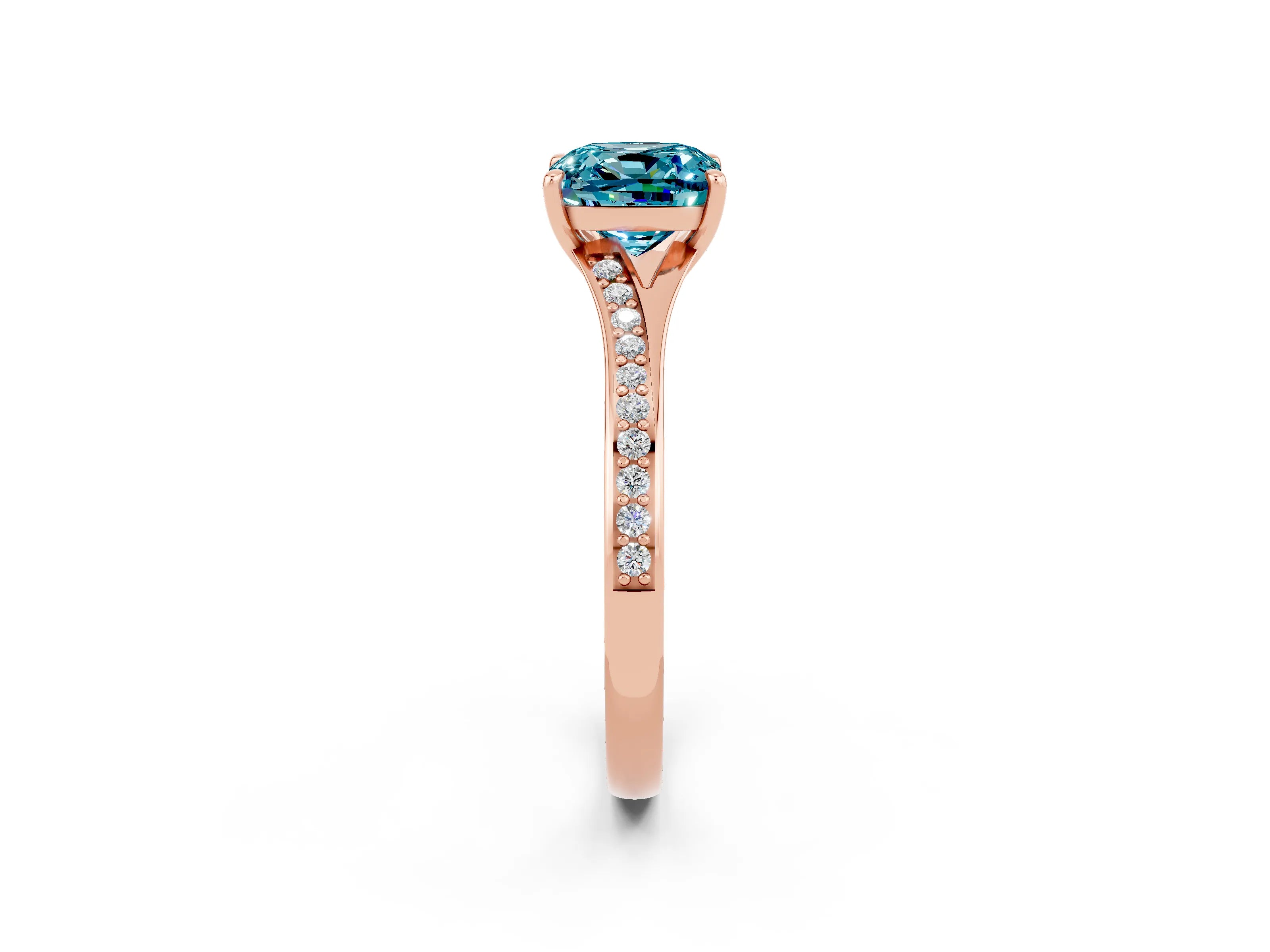 Rose gold Cushion Cut Blue Topaz Solitaire Ring with Pavé Band and Prong Setting_2