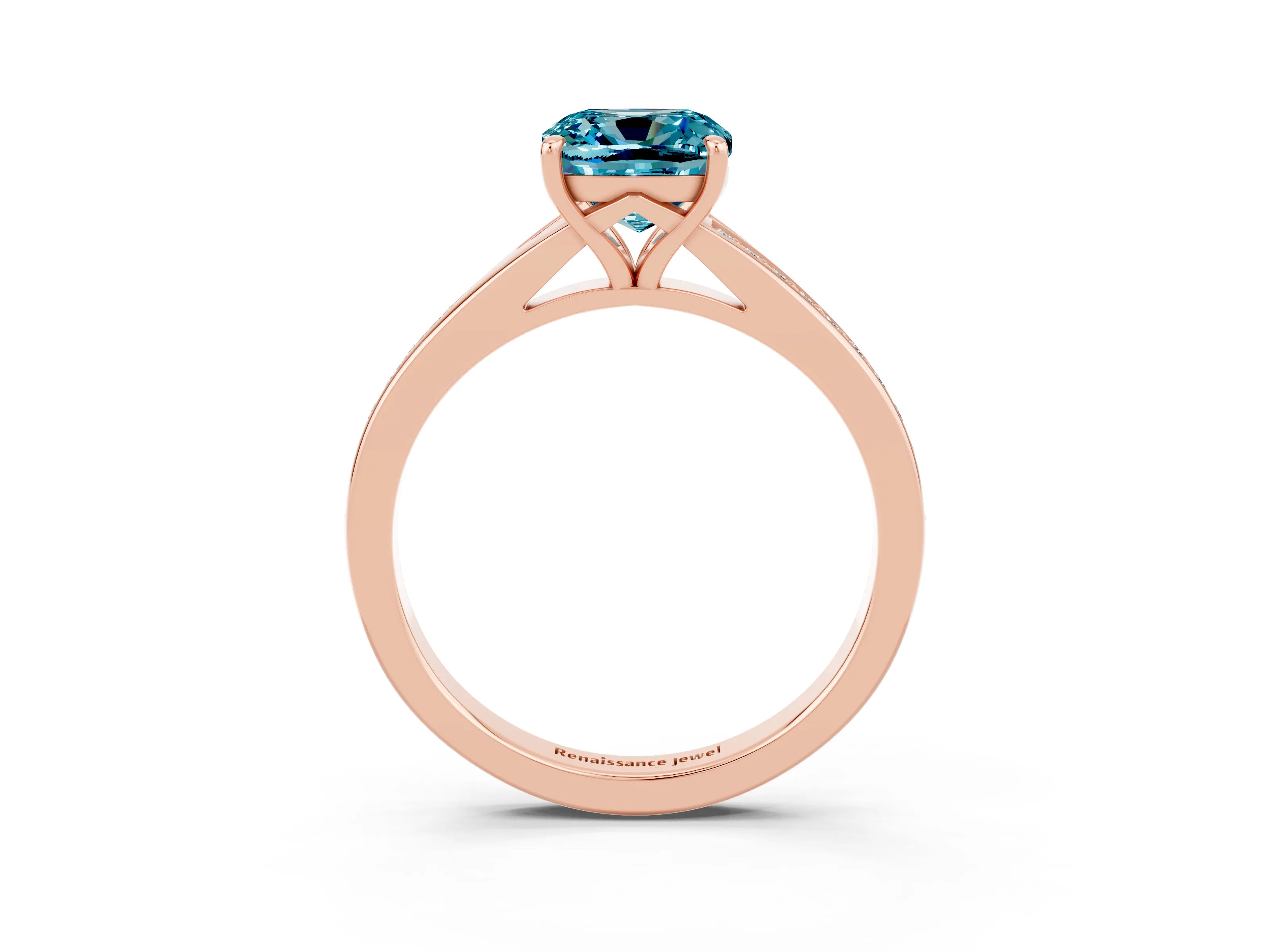 Rose gold Cushion Cut Blue Topaz Solitaire Ring with Pavé Band and Prong Setting_3