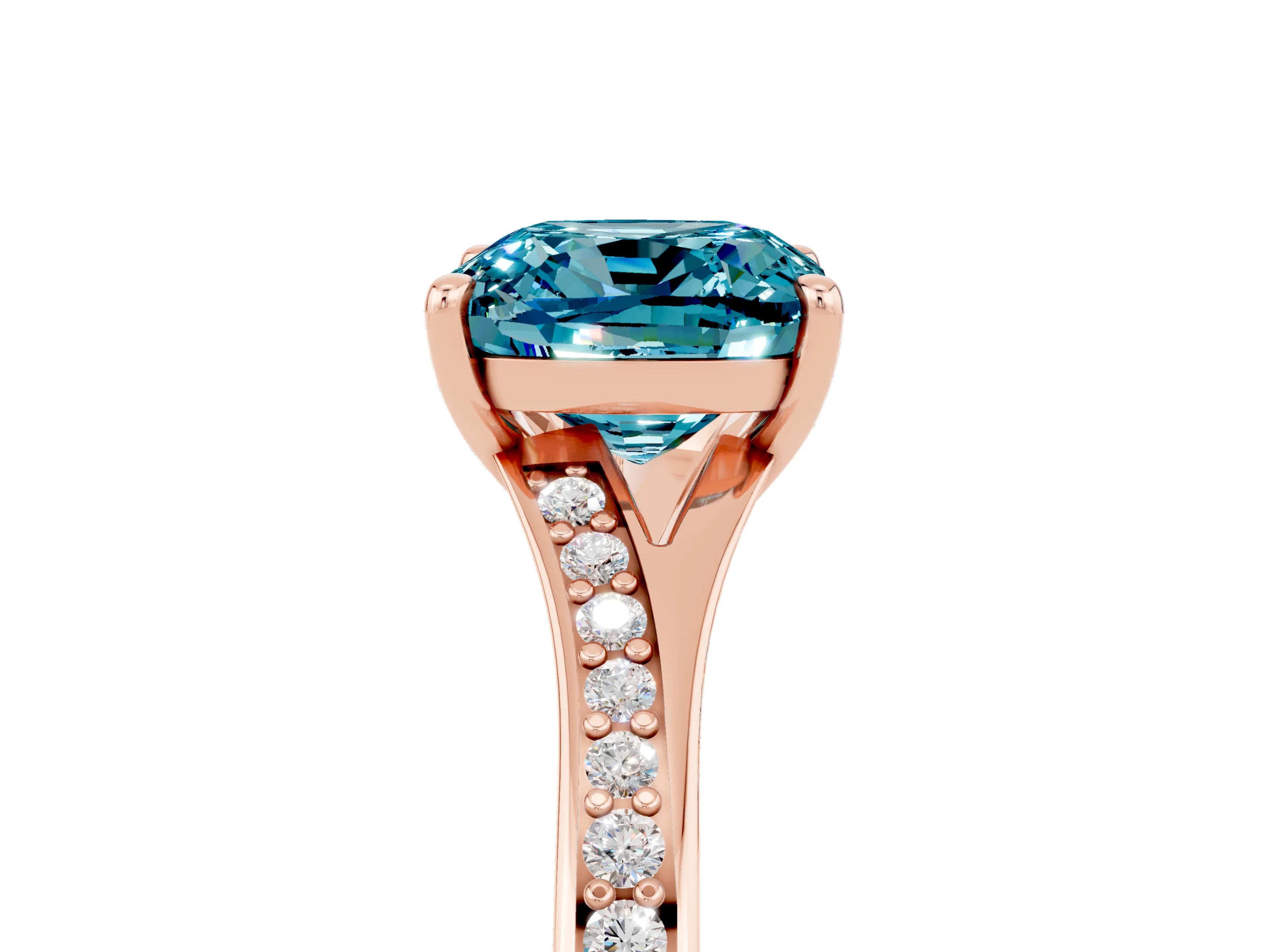 Rose gold Cushion Cut Blue Topaz Solitaire Ring with Pavé Band and Prong Setting_5