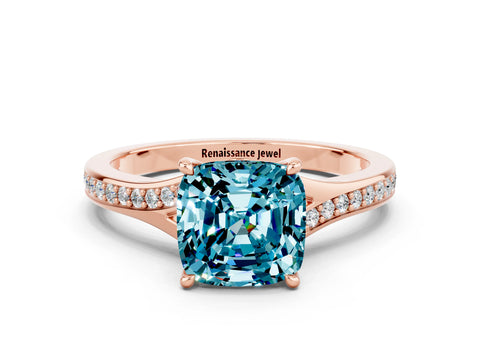 Rose gold Cushion Cut Blue Topaz Solitaire Ring with Pavé Band and Prong Setting