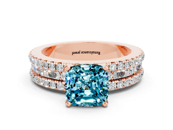 Rose gold Cushion Cut Blue Topaz Solitaire Ring with Pavé and Channel Set Band