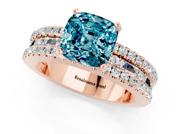 Rose gold Cushion Cut Blue Topaz Solitaire Ring with Pavé and Channel Set Band