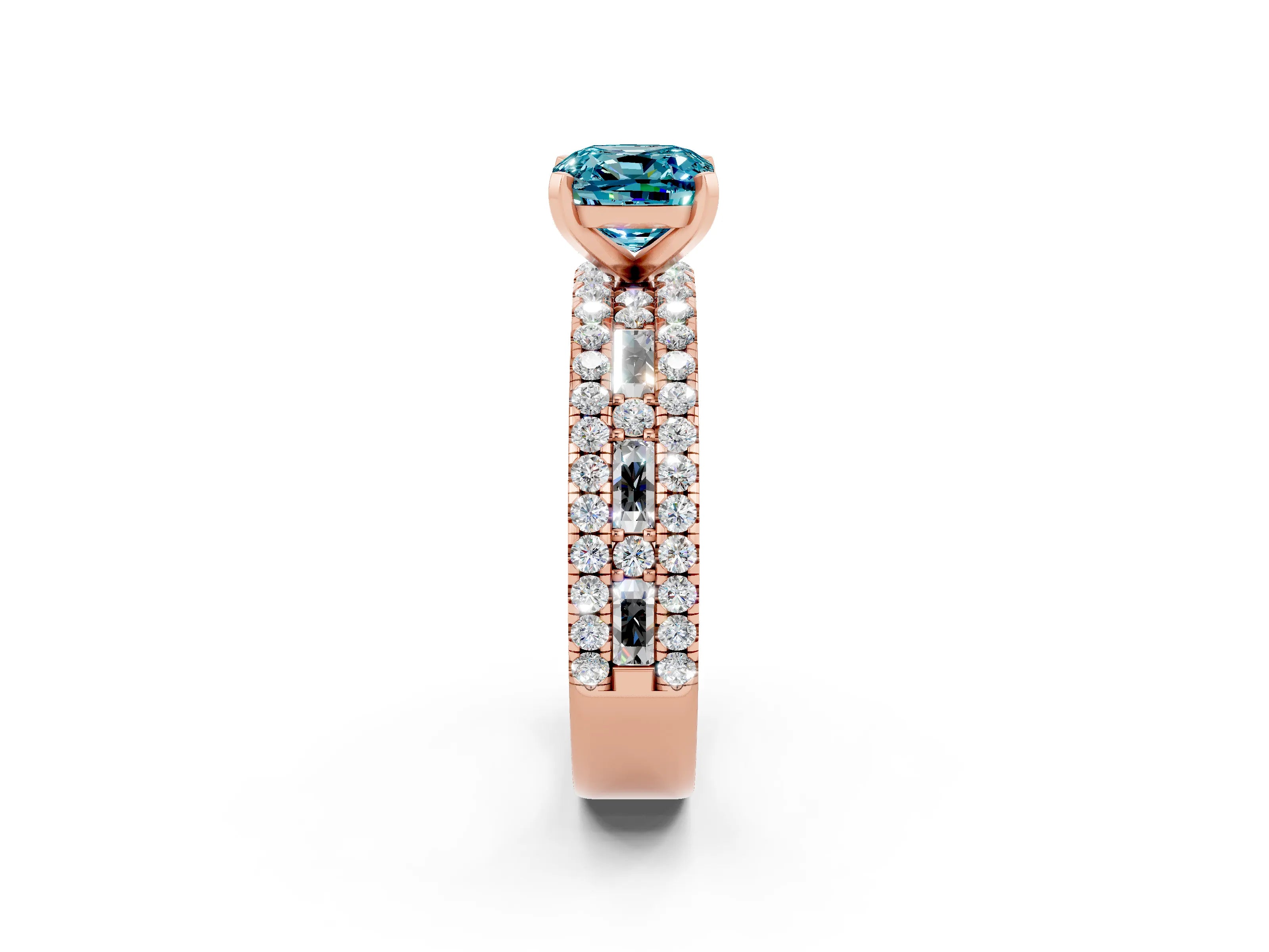 Rose gold Cushion Cut Blue Topaz Solitaire Ring with Pavé and Channel Set Band_2
