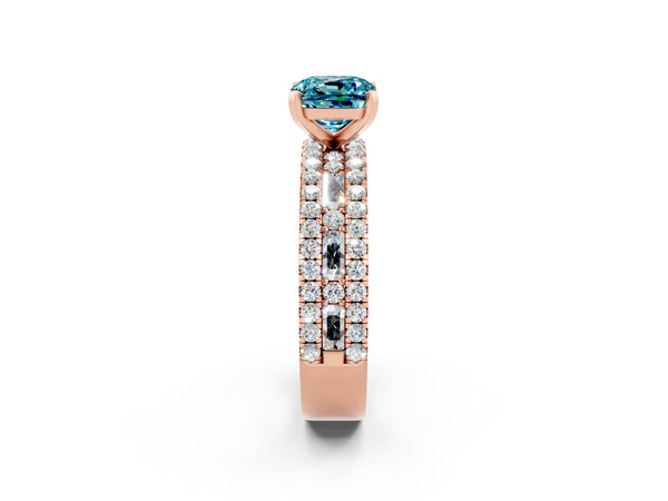 Rose gold Cushion Cut Blue Topaz Solitaire Ring with Pavé and Channel Set Band