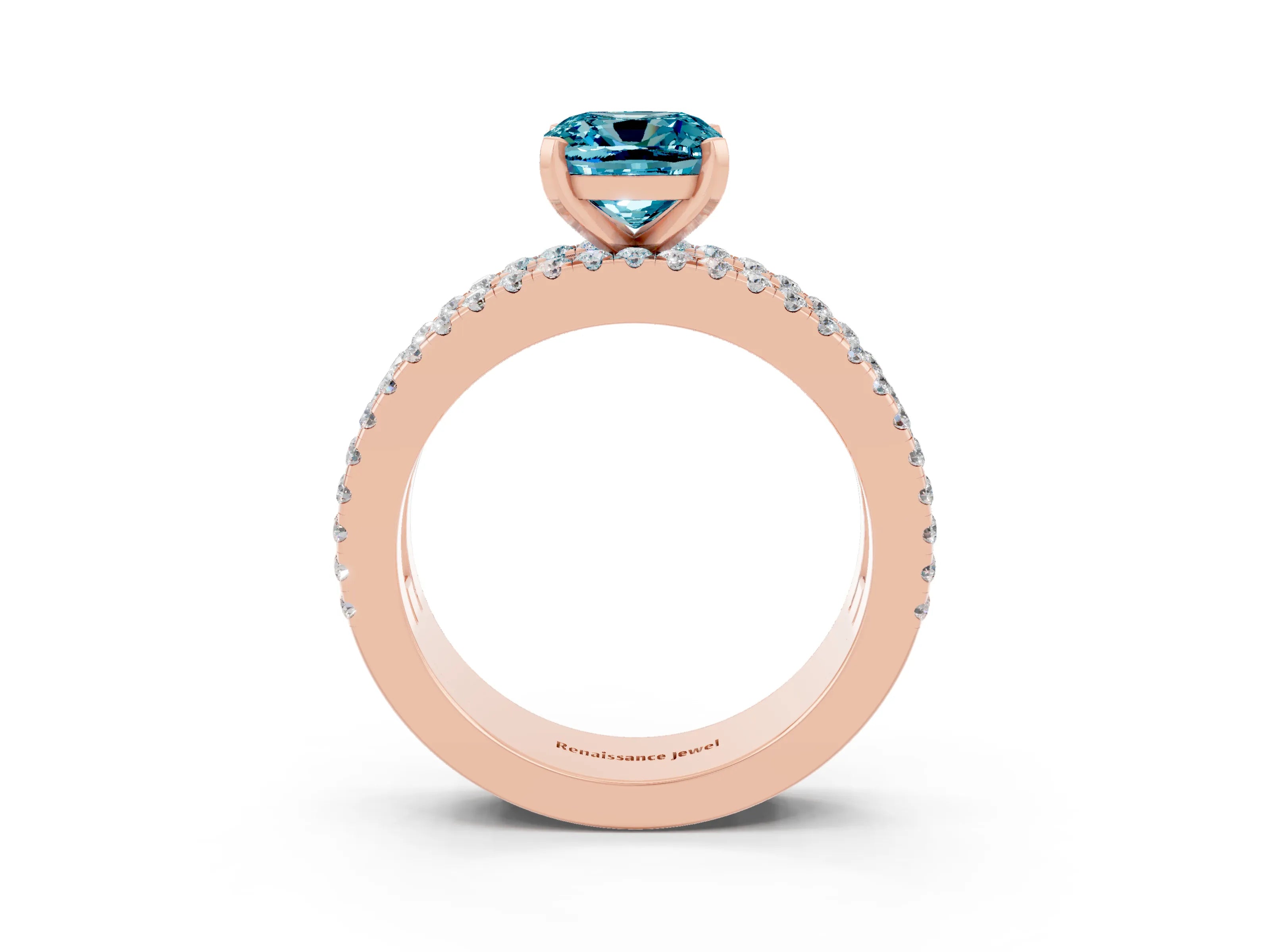 Rose gold Cushion Cut Blue Topaz Solitaire Ring with Pavé and Channel Set Band_3