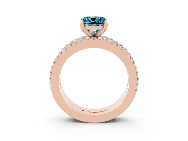 Rose gold Cushion Cut Blue Topaz Solitaire Ring with Pavé and Channel Set Band