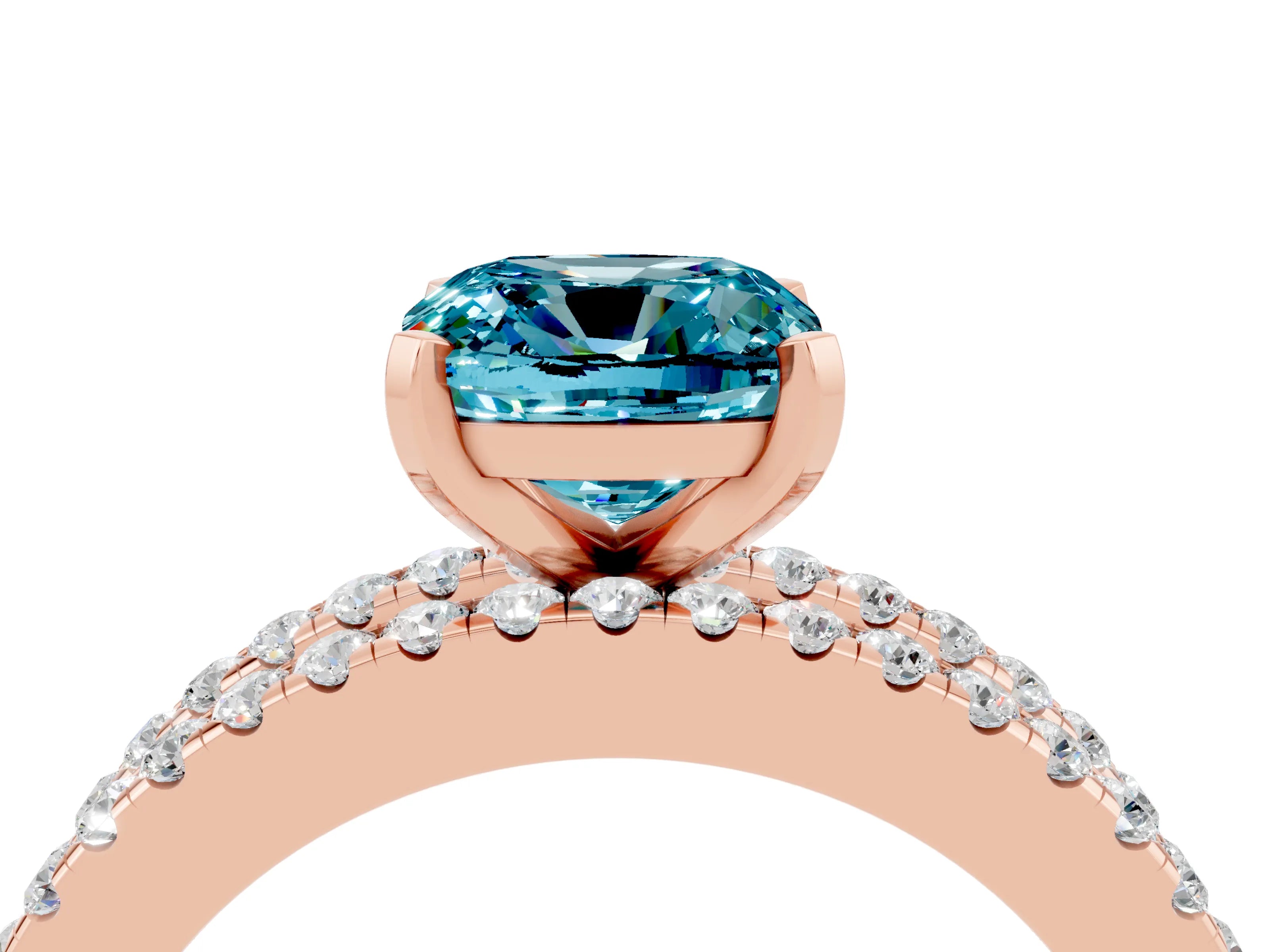 Rose gold Cushion Cut Blue Topaz Solitaire Ring with Pavé and Channel Set Band_4