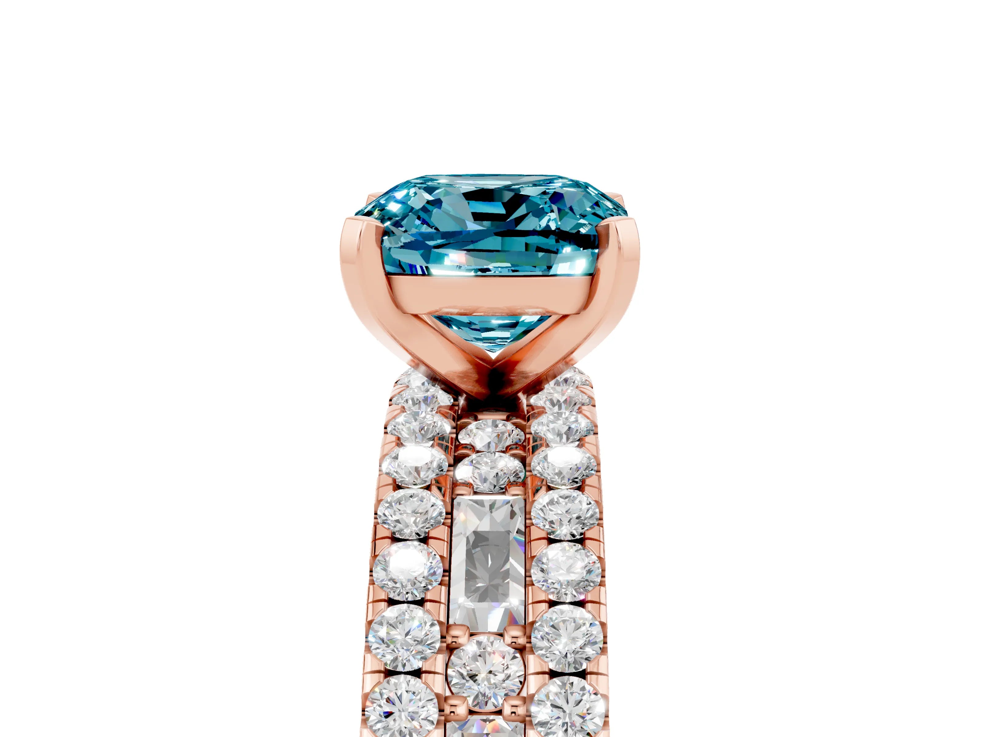 Rose gold Cushion Cut Blue Topaz Solitaire Ring with Pavé and Channel Set Band_5